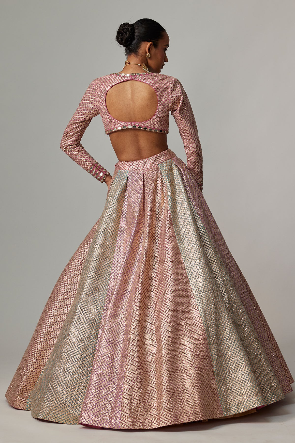 Dark Blush Multicolor Metallic Gota Crop Top Skirt With Aqua Dupatta