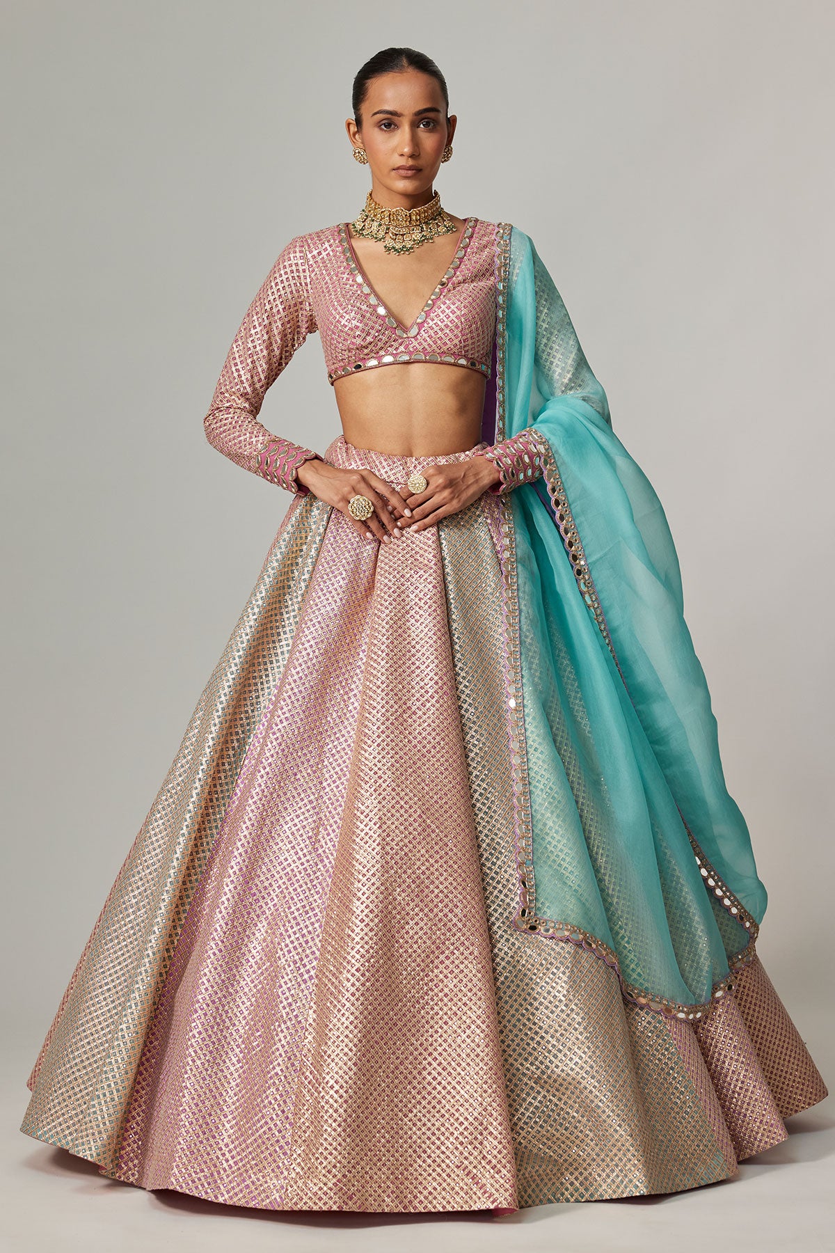 Dark Blush Multicolor Metallic Gota Crop Top Skirt With Aqua Dupatta