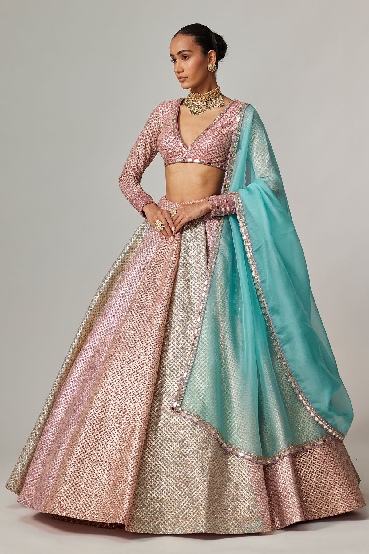 Dark Blush Multicolor Metallic Gota Crop Top Skirt With Aqua Dupatta