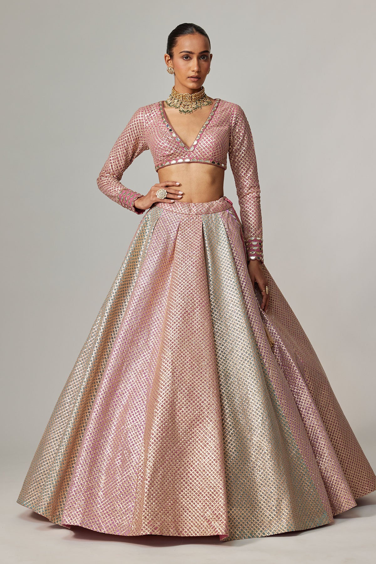 Dark Blush Multicolor Metallic Gota Crop Top Skirt