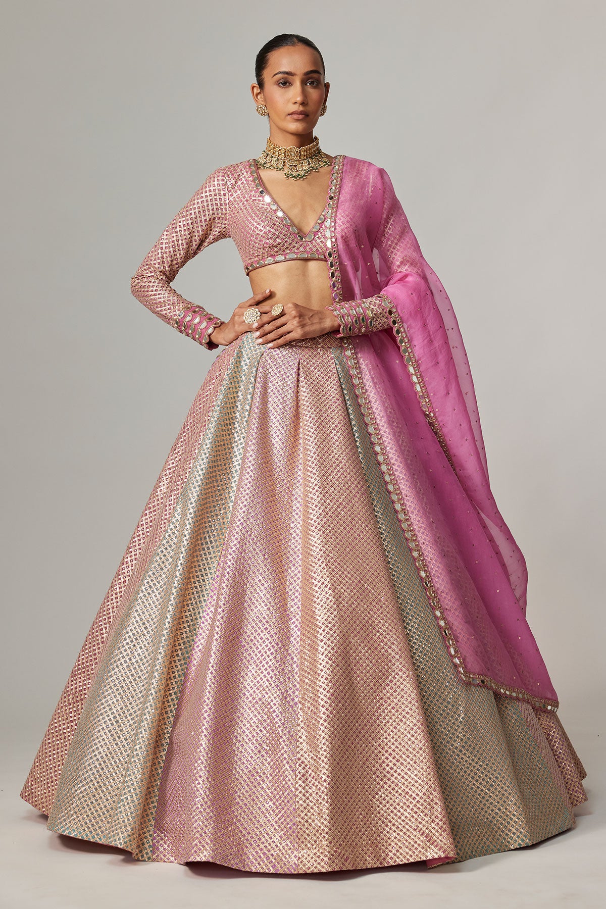 Dark Blush Multicolor Metallic Gota Crop Top Skirt With Dark Blush Dupatta