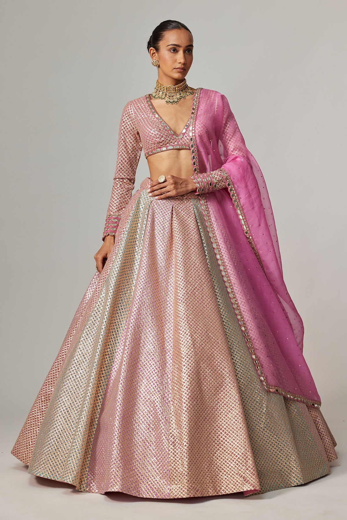 Dark Blush Multicolor Metallic Gota Crop Top Skirt With Dark Blush Dupatta