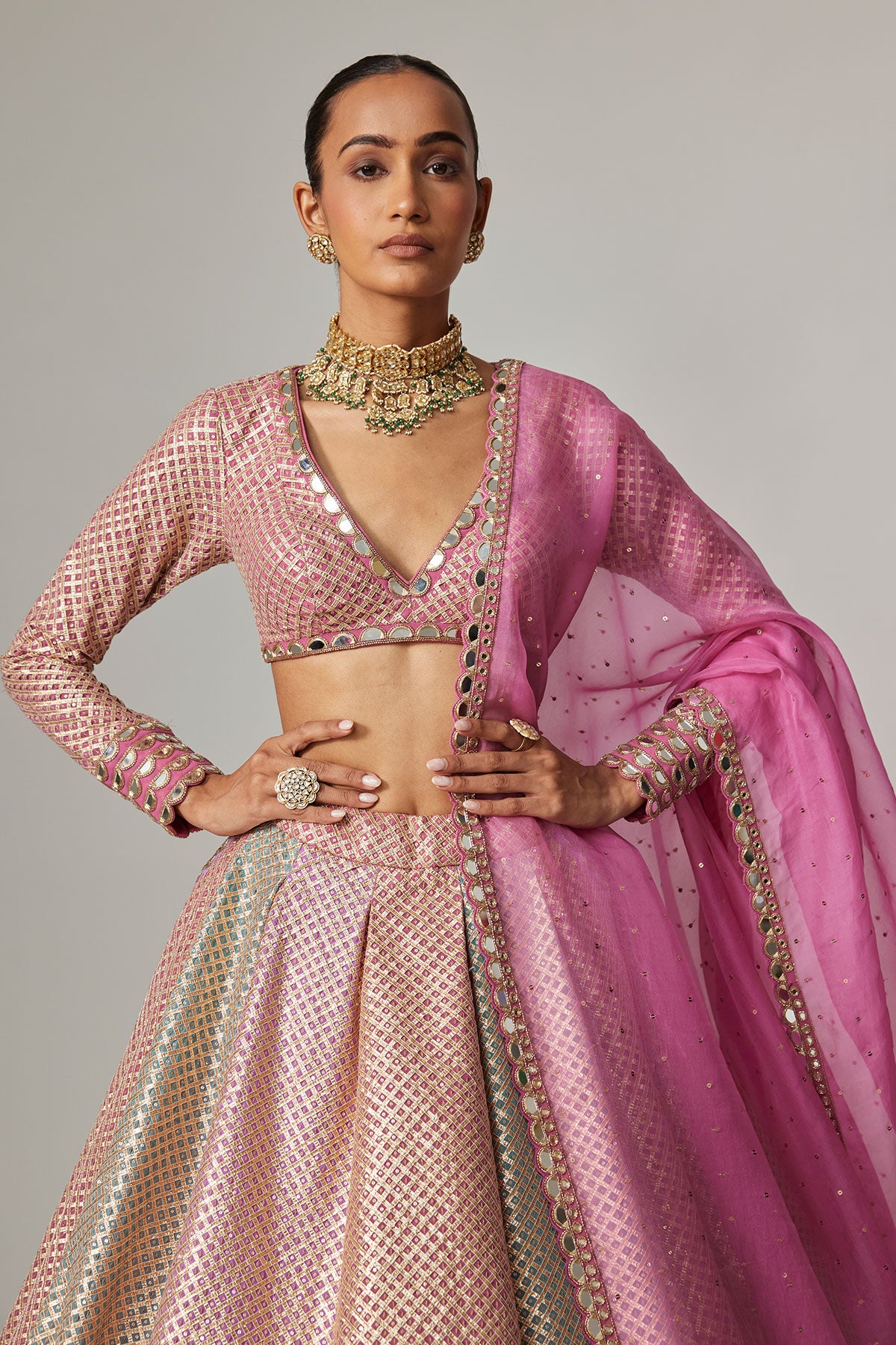 Dark Blush Multicolor Metallic Gota Crop Top Skirt With Dark Blush Dupatta