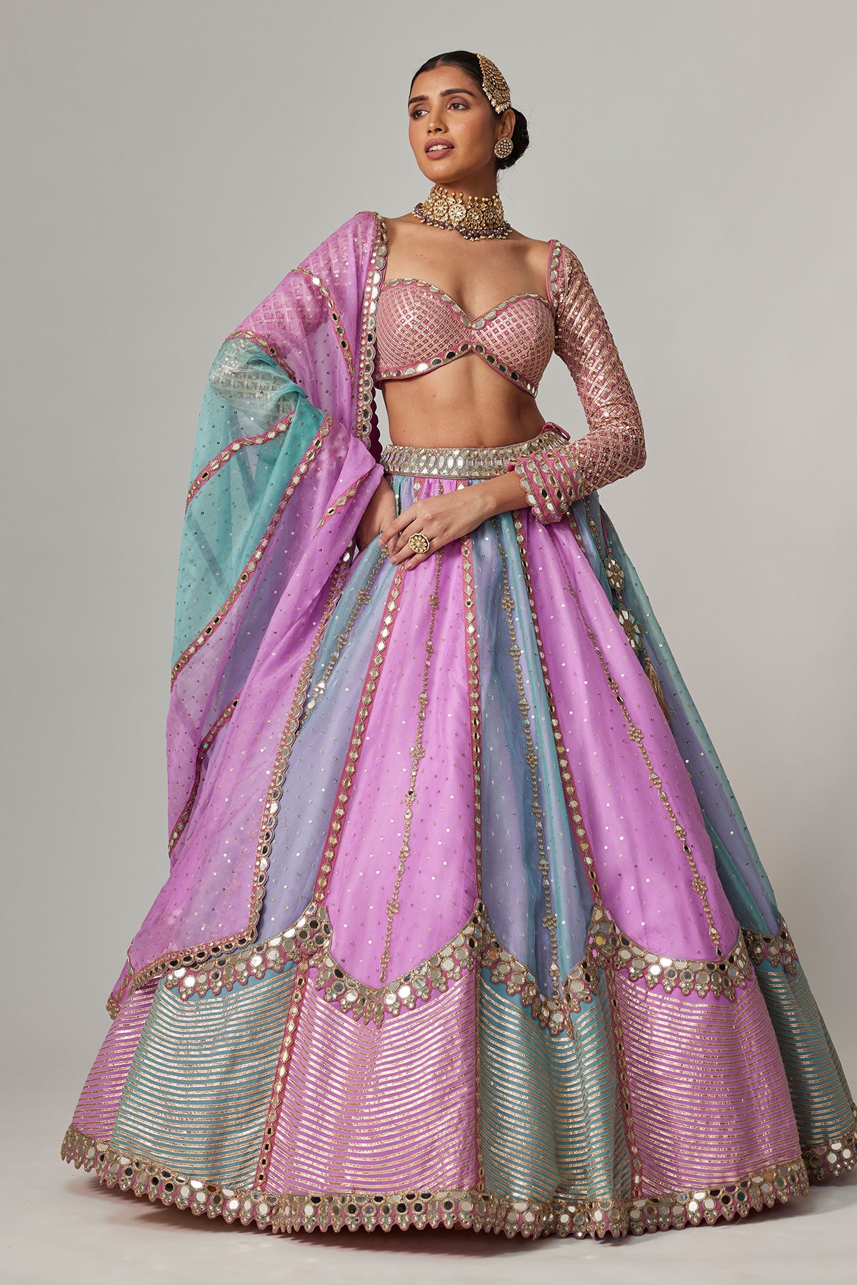 Mauve Multicolor Sequin Scattered Lehenga With Sweetheart Full Sleeve Blouse