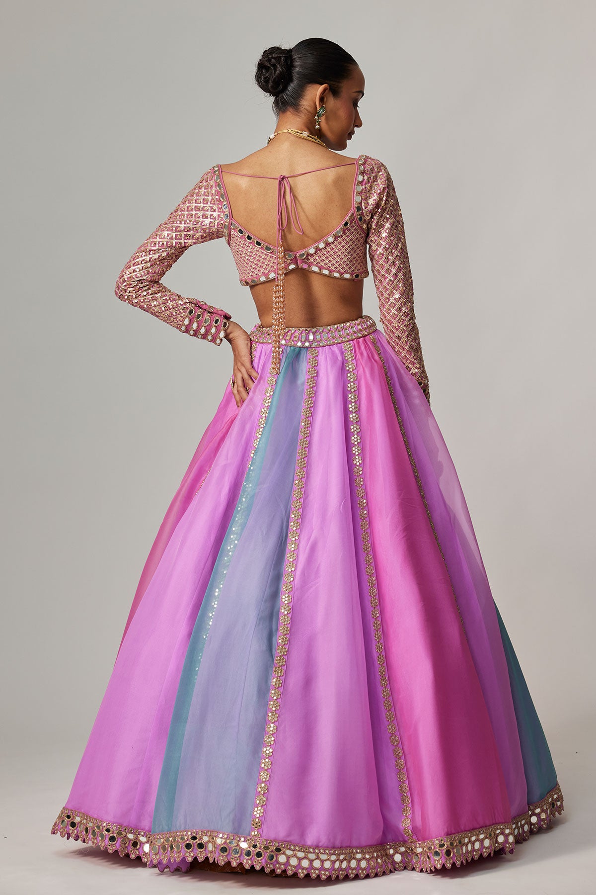 Mauve Multicolor Linear Lehenga With Sweetheart Full Sleeve Blouse