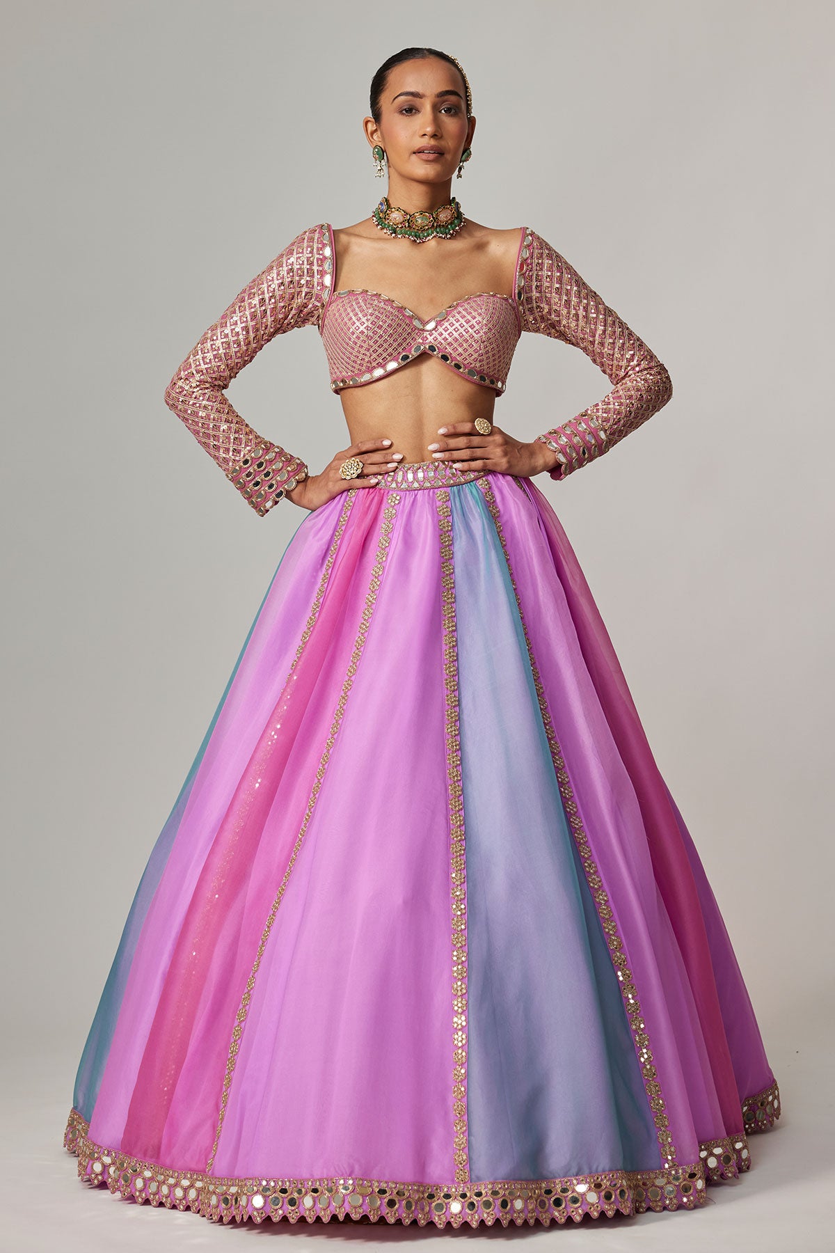 Mauve Multicolor Linear Lehenga With Sweetheart Full Sleeve Blouse