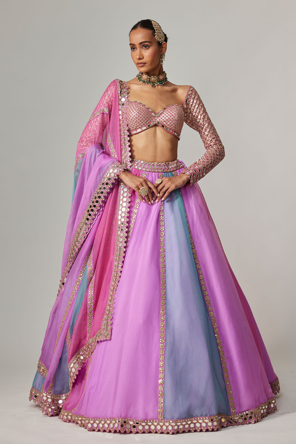 Mauve Multicolor Linear Lehenga With Sweetheart Full Sleeve Blouse