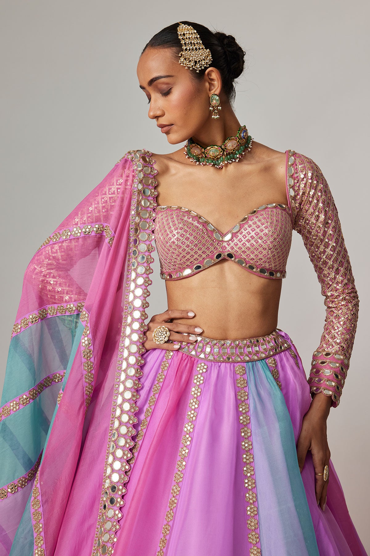 Mauve Multicolor Linear Lehenga With Sweetheart Full Sleeve Blouse