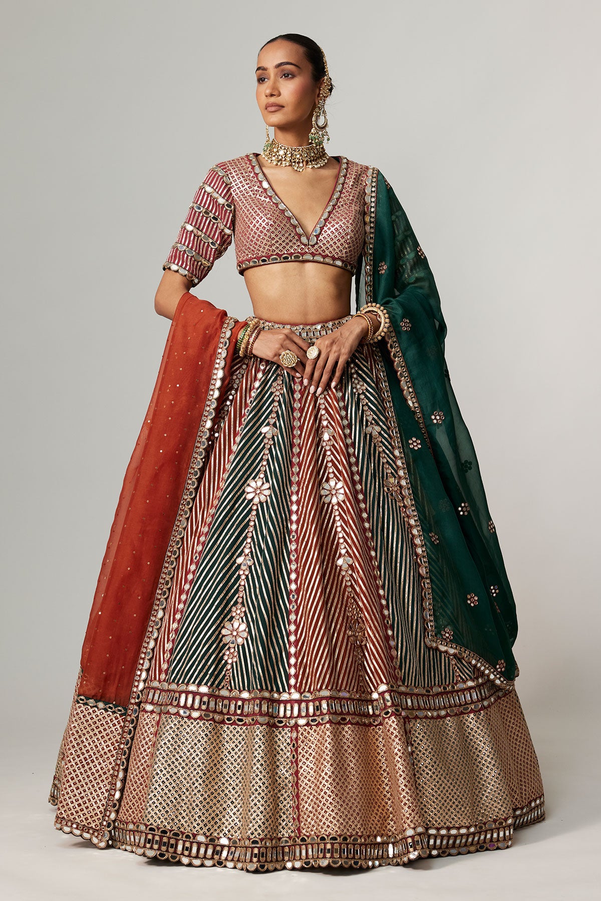 Cranberry Multicolor Linear Flower Lehenga Set With Double Dupatta
