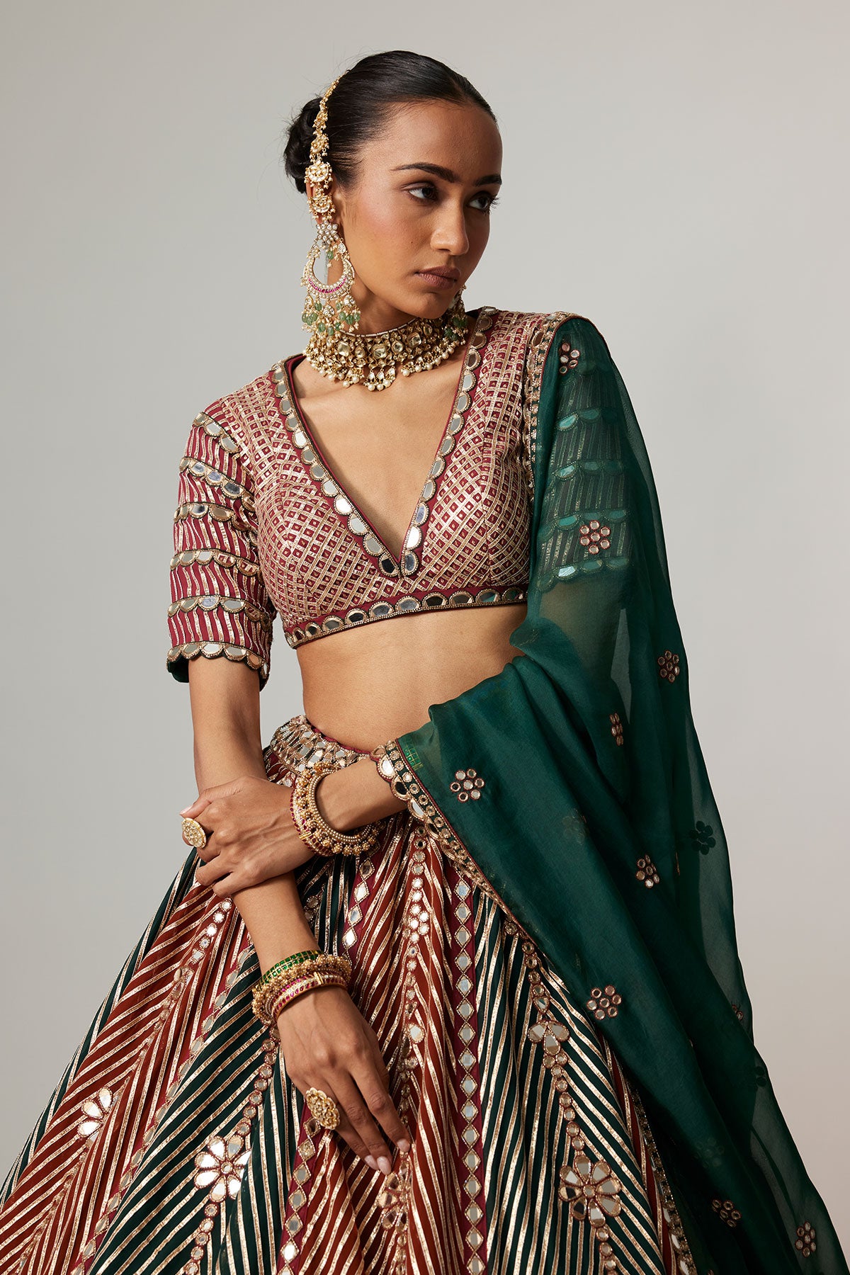 Cranberry Multicolor Linear Flower Lehenga Set With Jade Green Dupatta