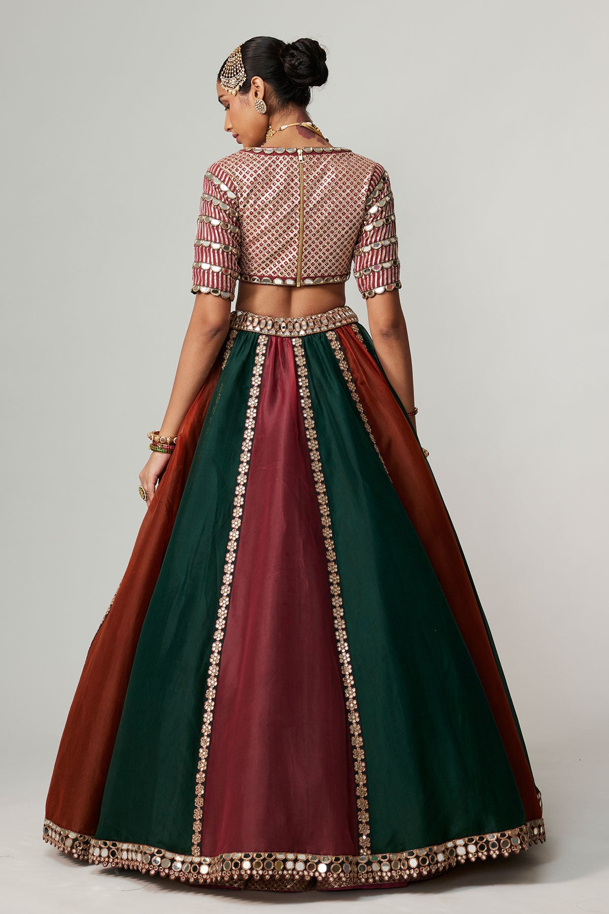 Cranberry Multicolor Linear Lehenga With V Neck Blouse