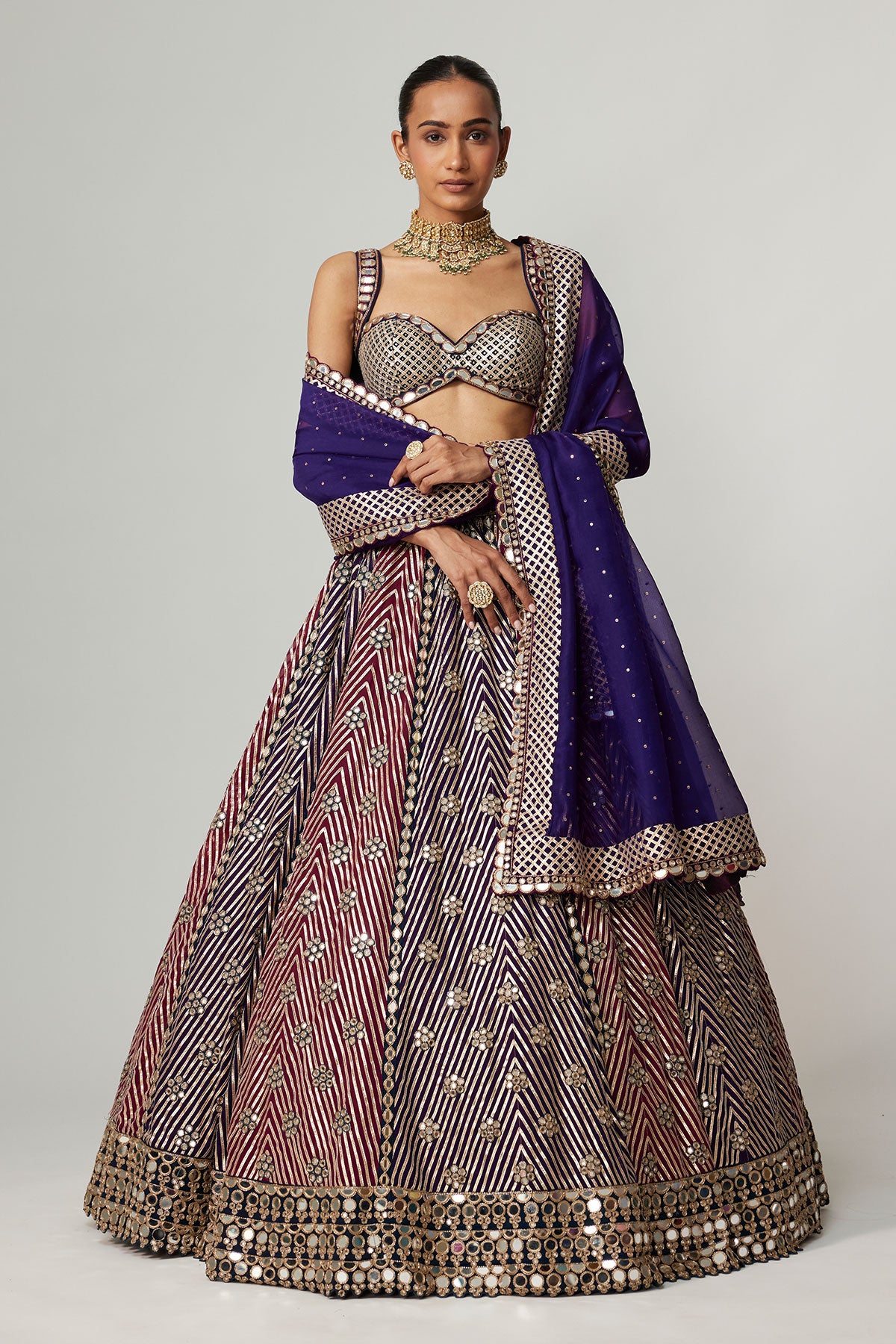 Teal Wine Multicolor Lehenga Set With Dark Purple Dupatta
