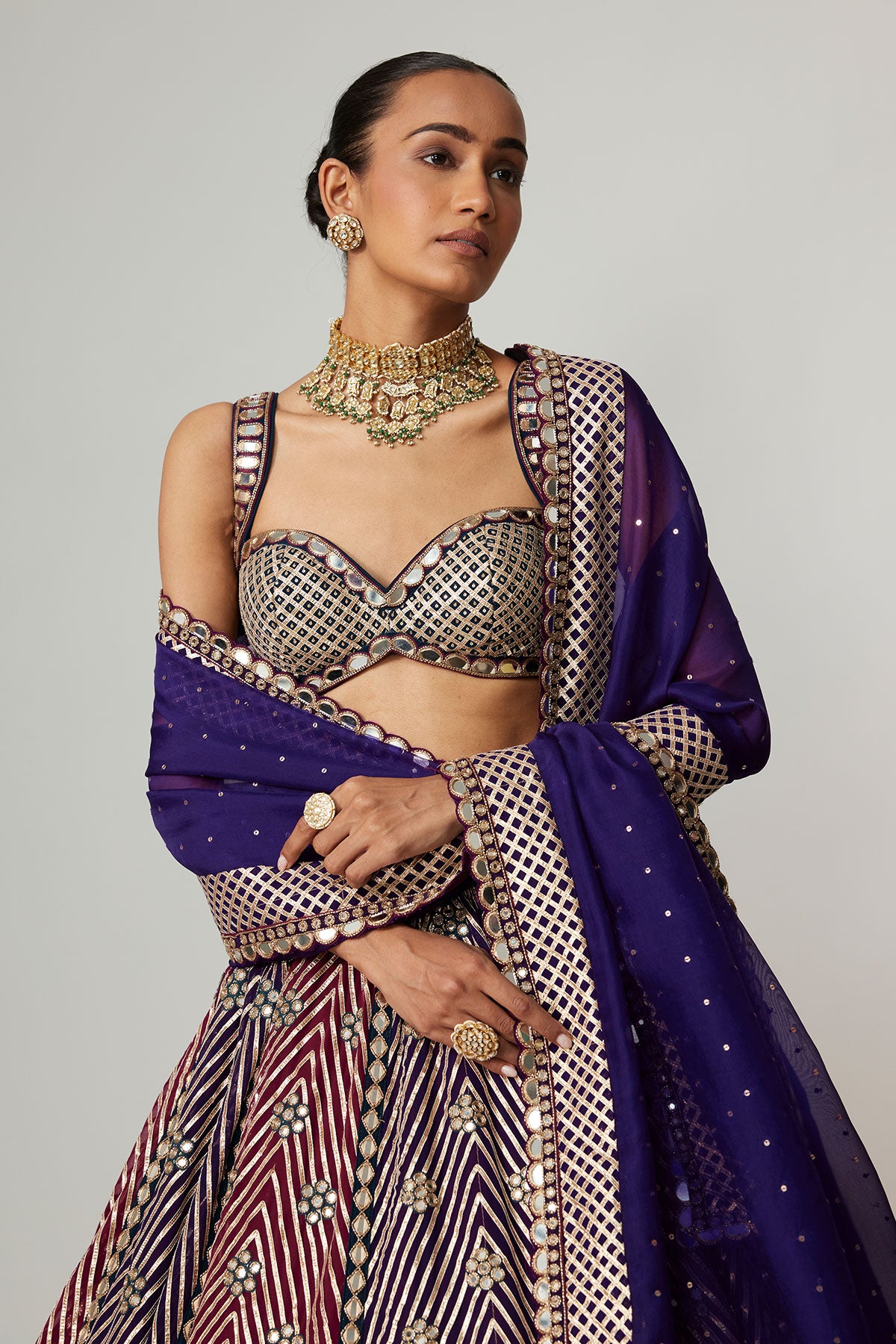 Teal Wine Multicolor Lehenga Set With Dark Purple Dupatta