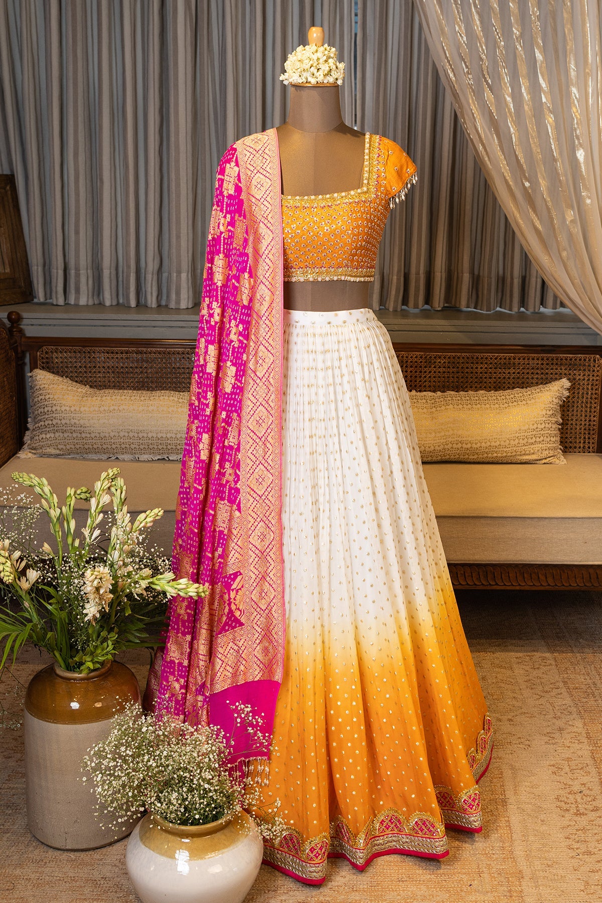 dip dye skirt with bandhej dupatta