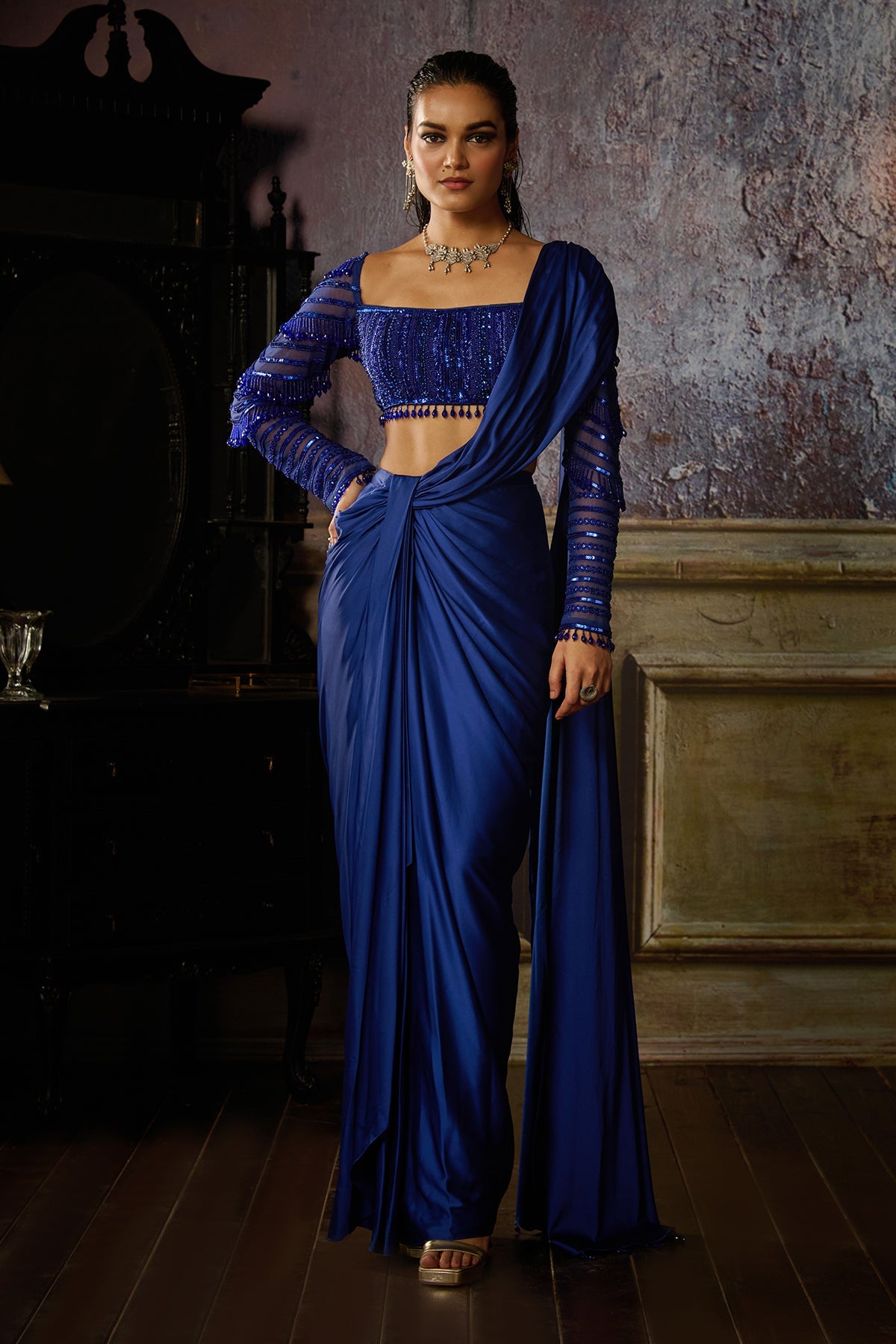 blue saree dress Royal Blue Saree Gown
