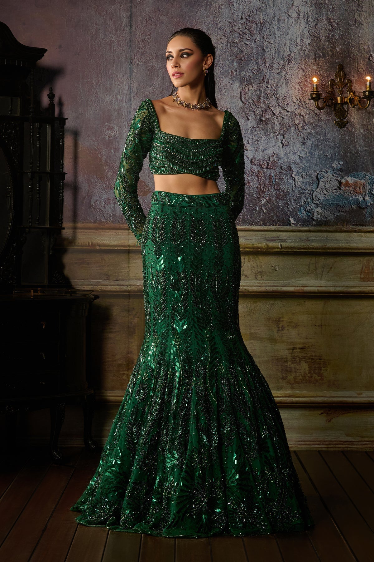 BOTTLE GREEN FULLY EMBROIDERED BLOUSE AND MERMAID SKIRT SET 14