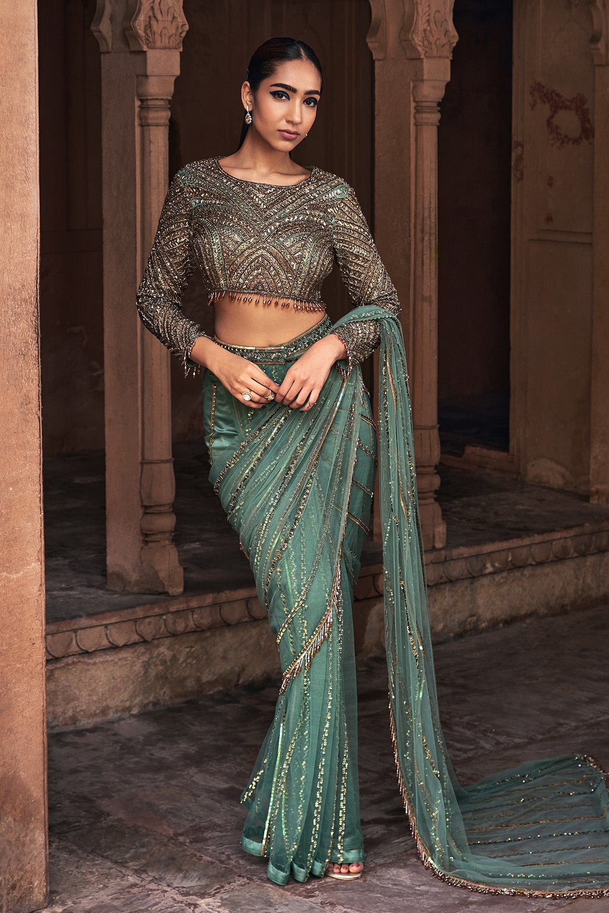SAGE GREEN EMBROIDERED SAREE SET