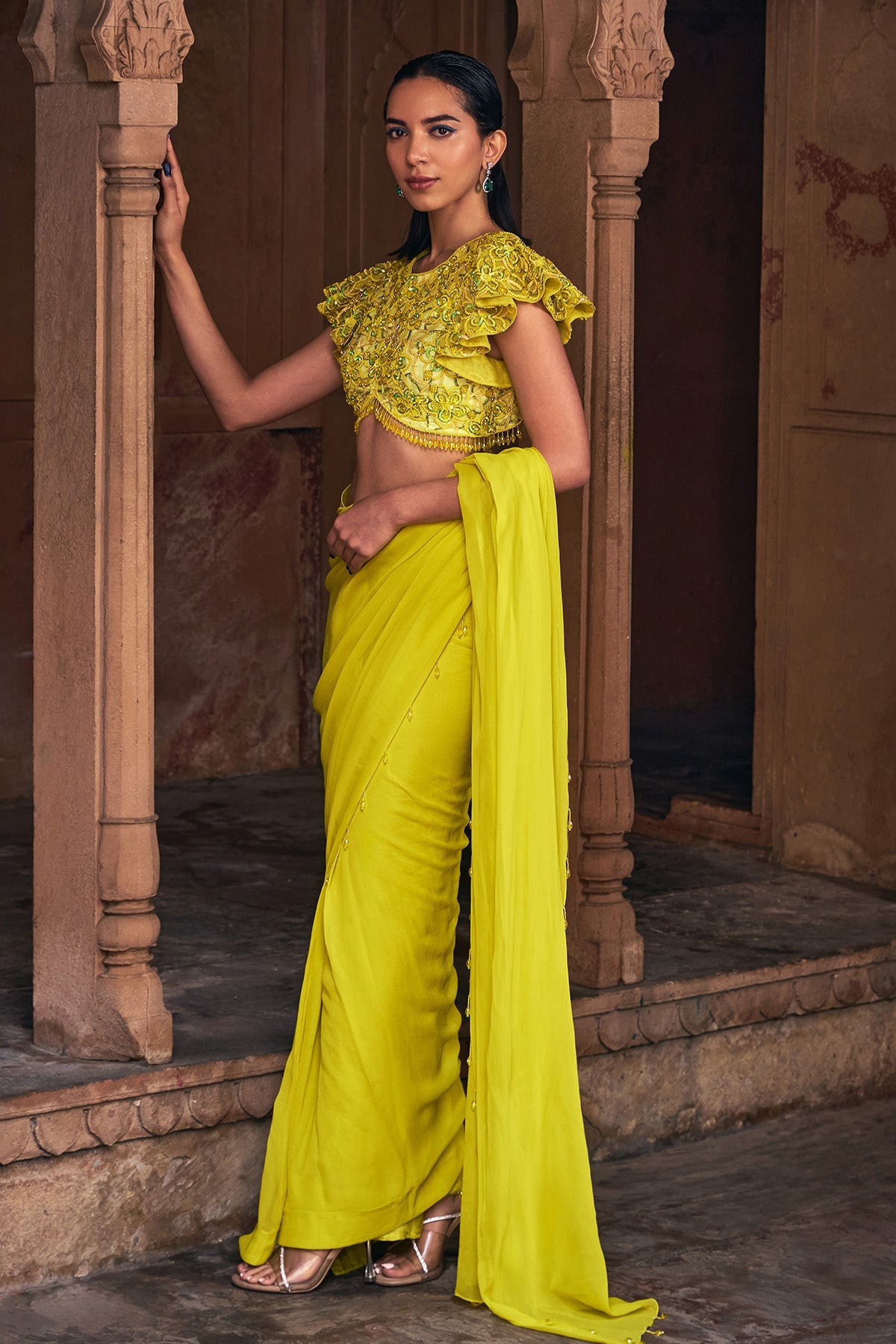 YELLOW EMBROIDERED SAREE SET
