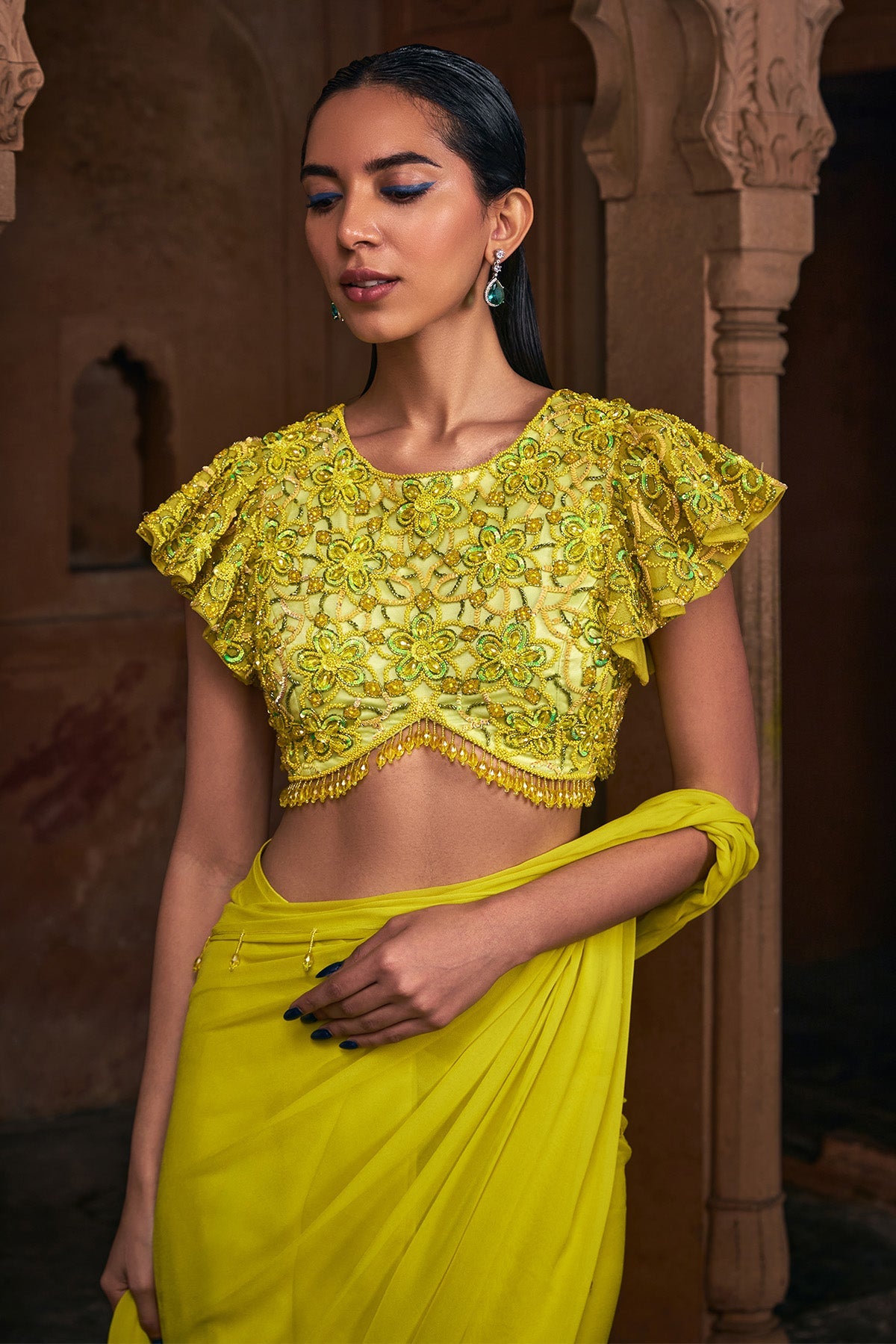 YELLOW EMBROIDERED SAREE SET