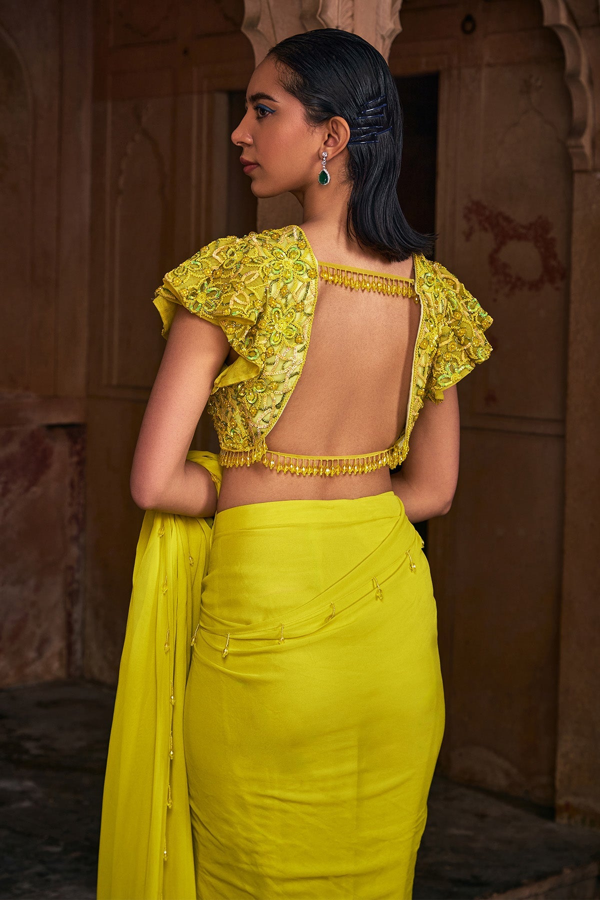 YELLOW EMBROIDERED SAREE SET
