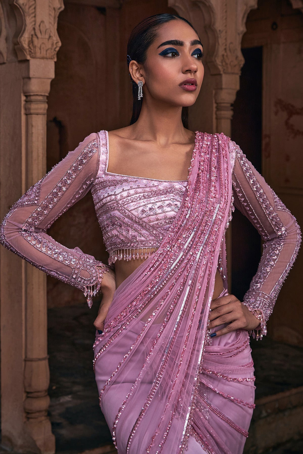 ONION PINK EMBROIDERED SAREE SET