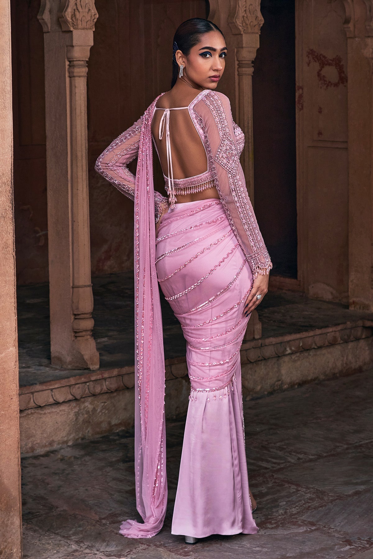ONION PINK EMBROIDERED SAREE SET