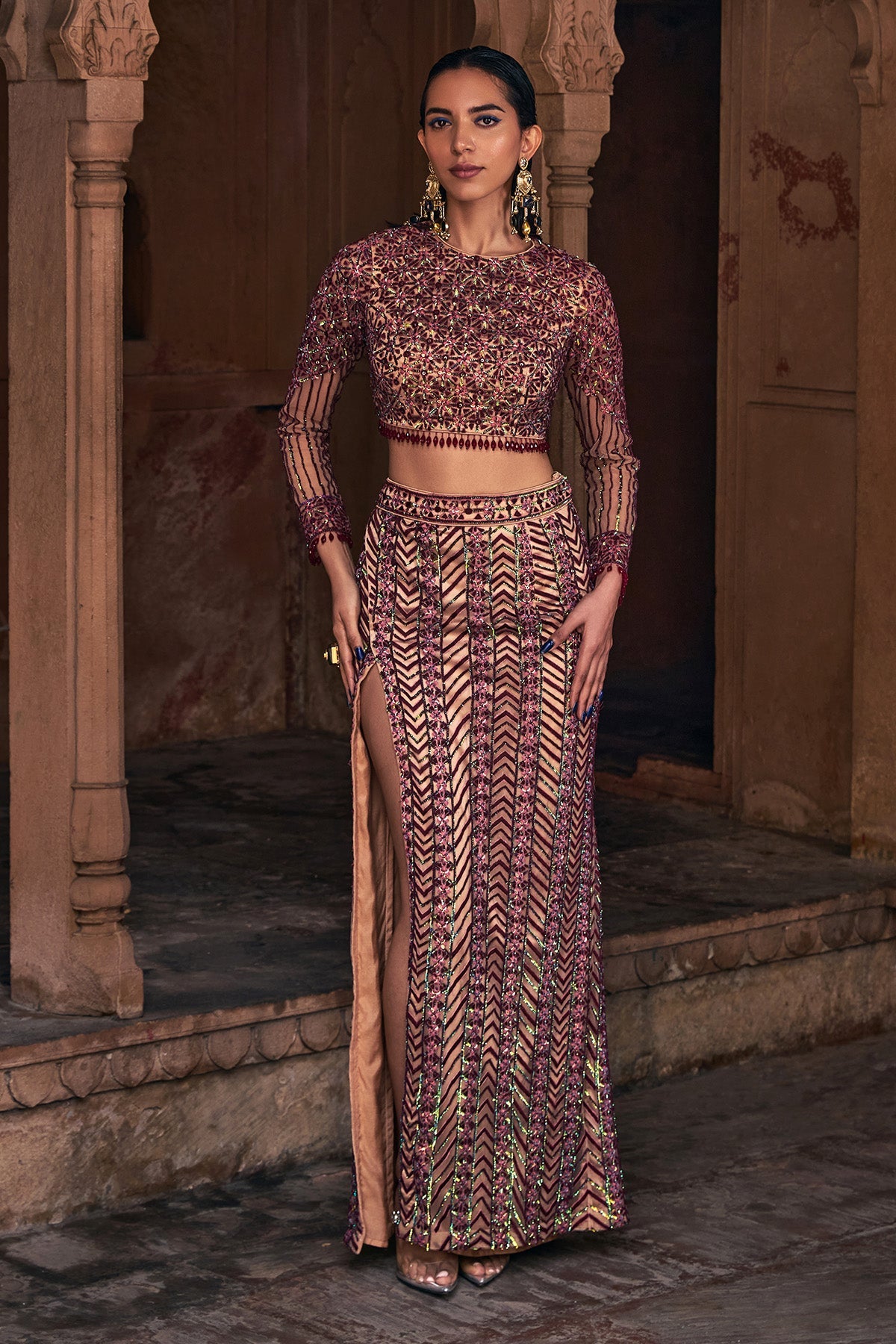 MAROON EMBROIDERED CROP TOP SKIRT SET