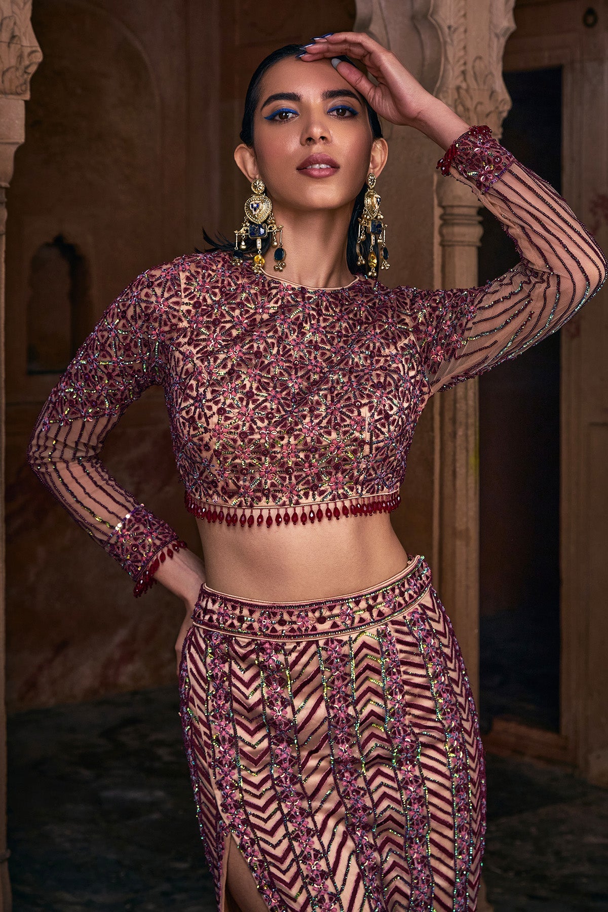 MAROON EMBROIDERED CROP TOP SKIRT SET