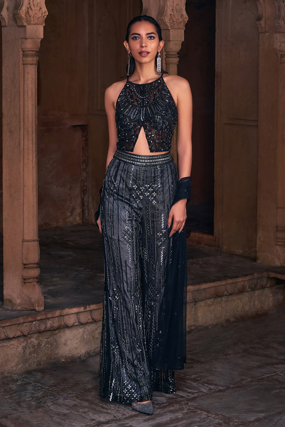 BLACK FULL EMBROIDERED CROP TOP PANTS SET