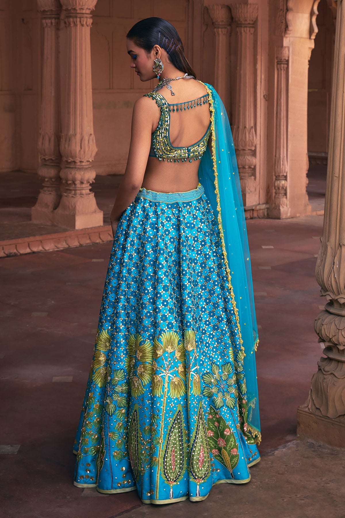 TURQUOISE FLORAL PRINT & EMBROIDERED LEHENGA SET