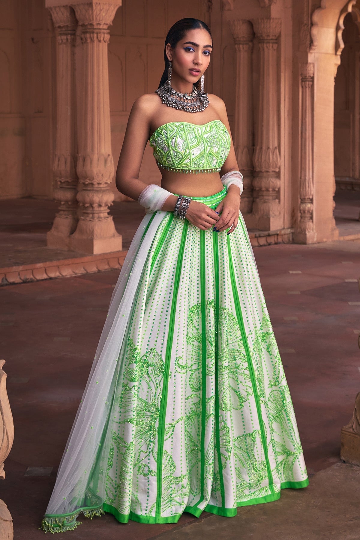 NEON BIG FLORAL PRINT & EMBROIDERED LEHENGA SET