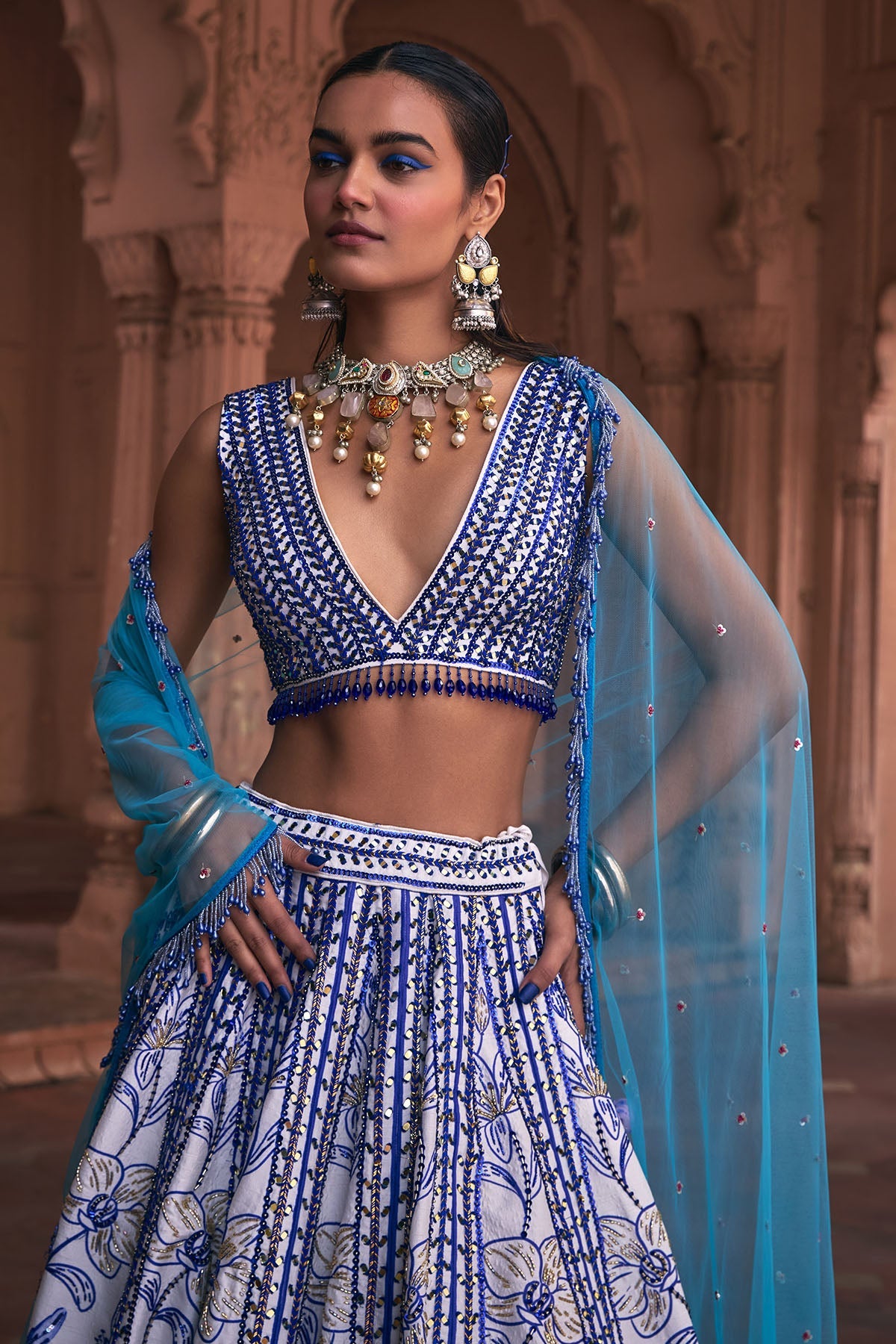 INDIGO BLUE FLORAL FRAME PRINT & EMBROIDERED LEHENGA SET