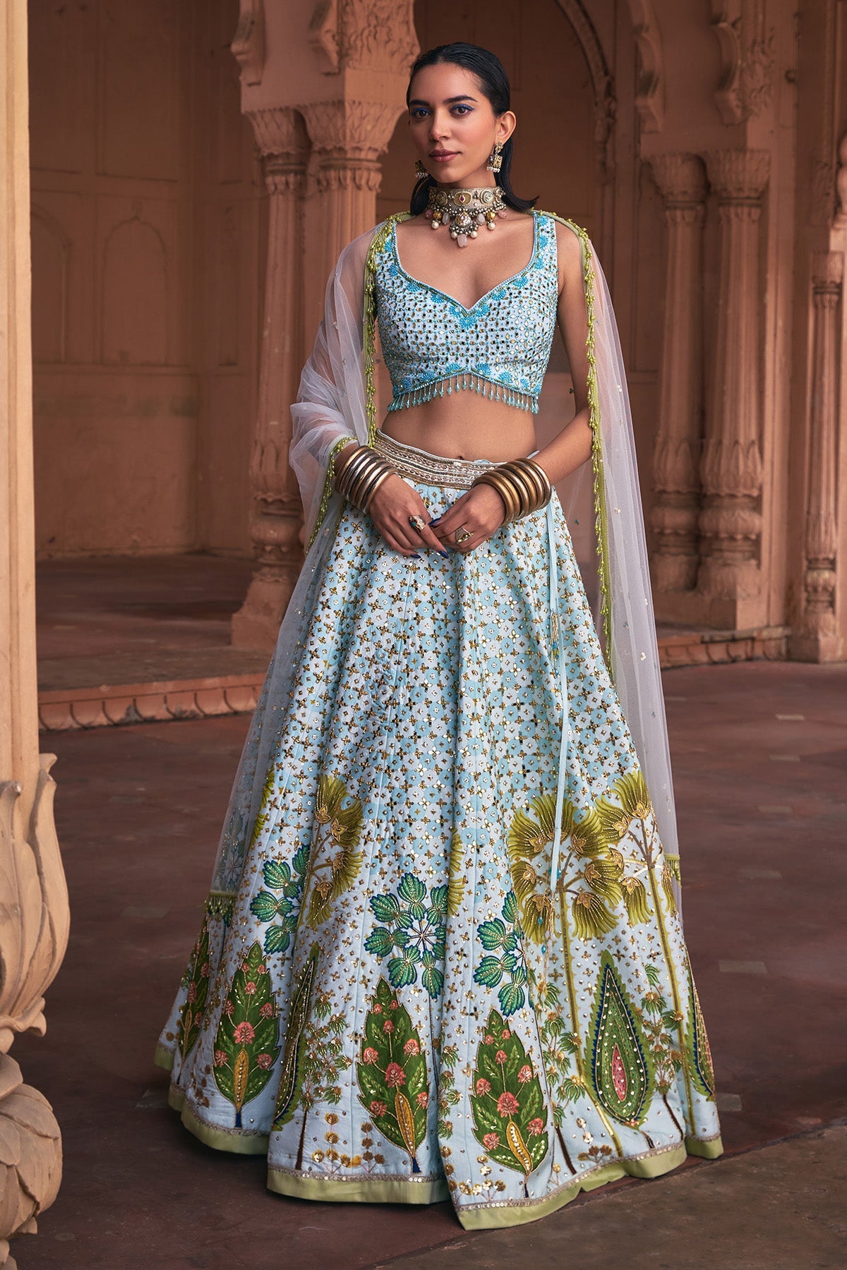 POWDER BLUE FLORAL PRINT & EMBROIDERED LEHENGA SET