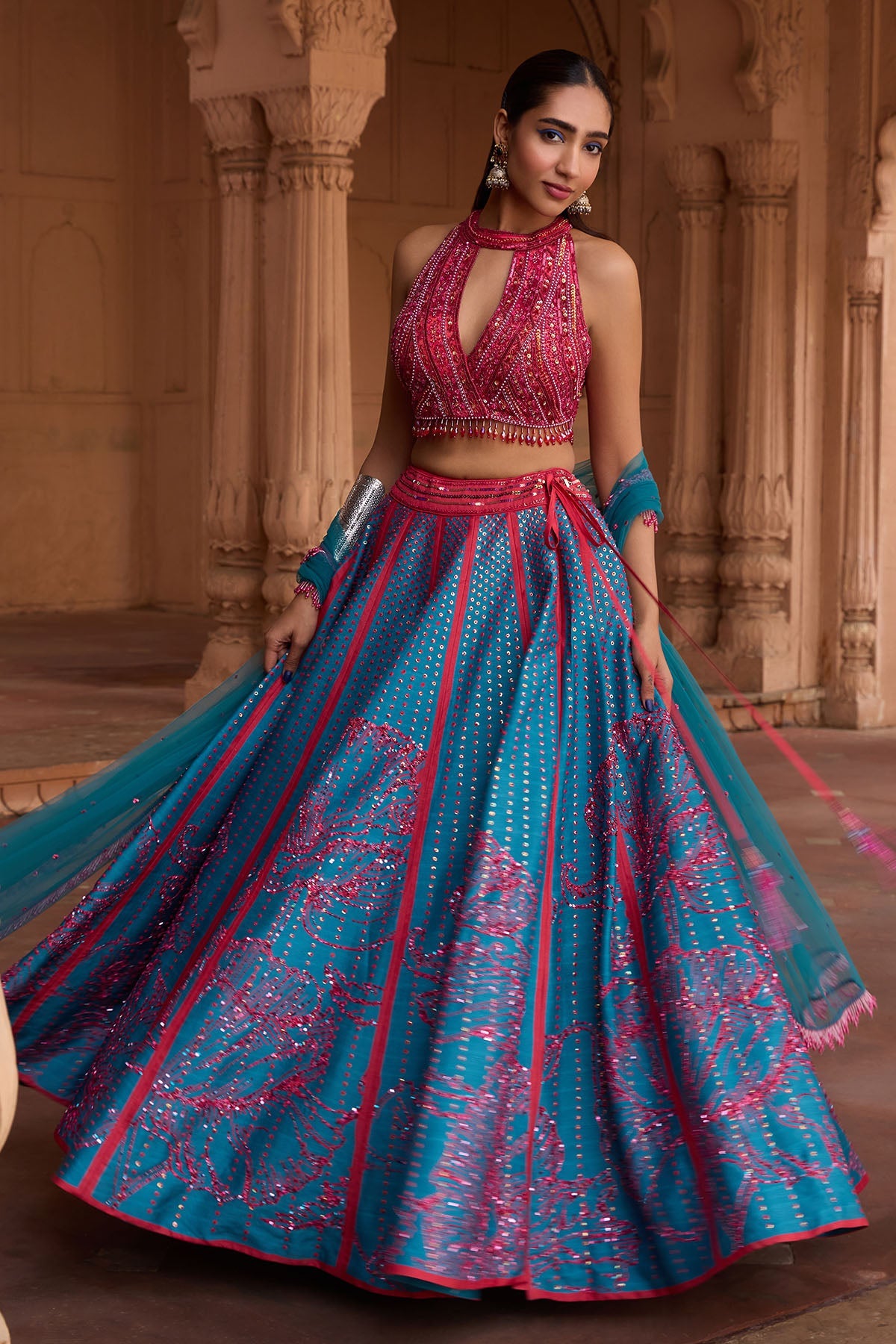 TEAL BIG FLORAL PRINT & EMBROIDERED LEHENGA SET