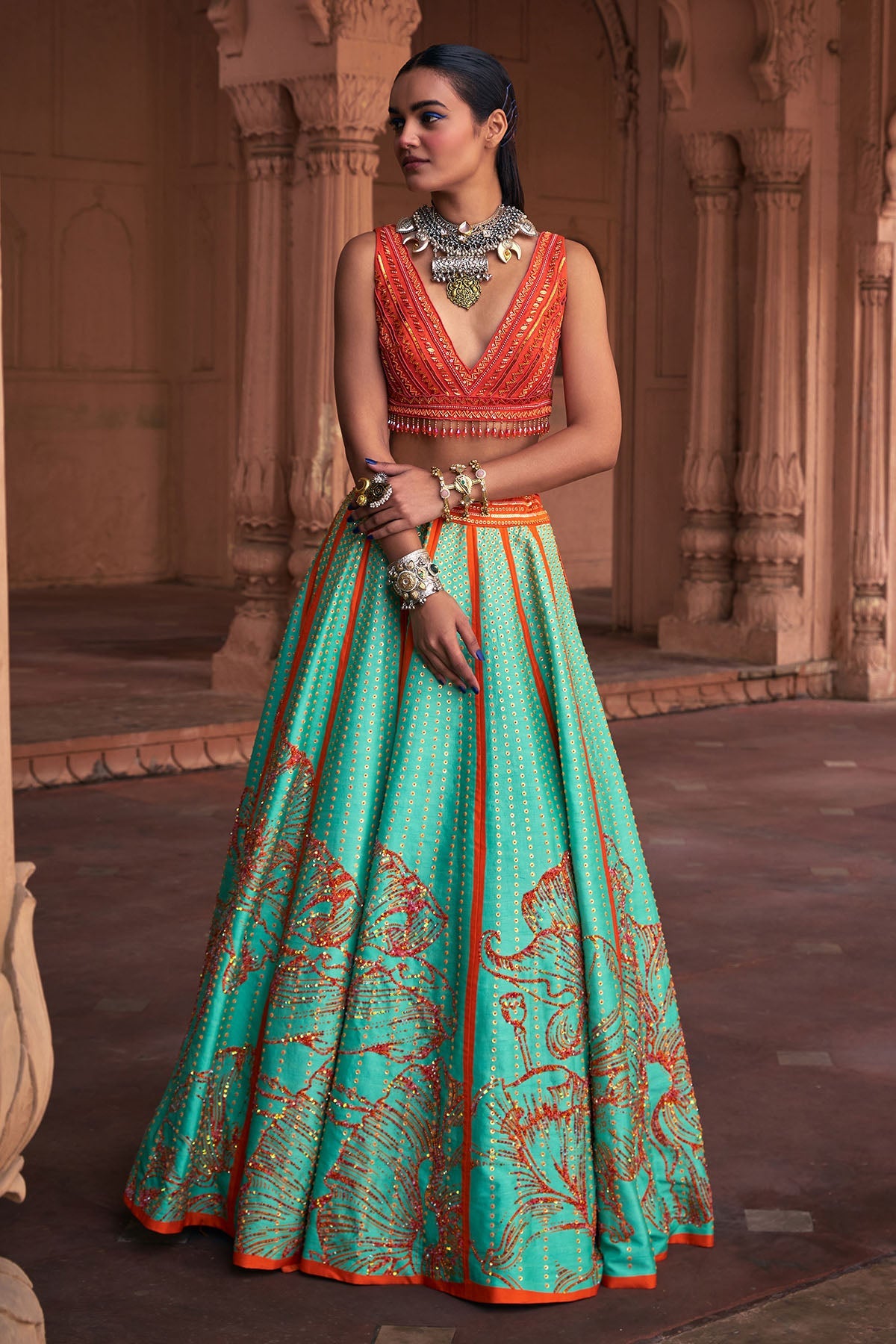 SEAGREEN BIG FLORAL PRINT & EMBROIDERED LEHENGA SET