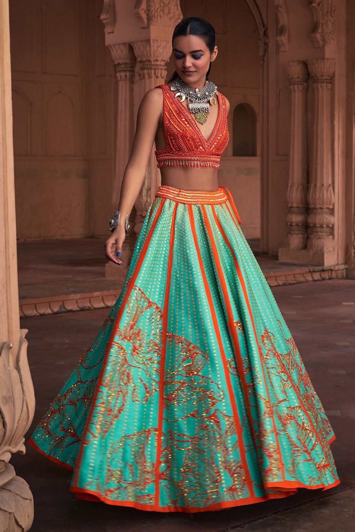 SEAGREEN BIG FLORAL PRINT & EMBROIDERED LEHENGA SET