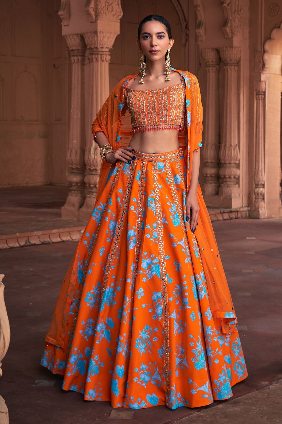 TANGERINE FLORAL PRINT & HIGHLIGHTED LEHENGA SET