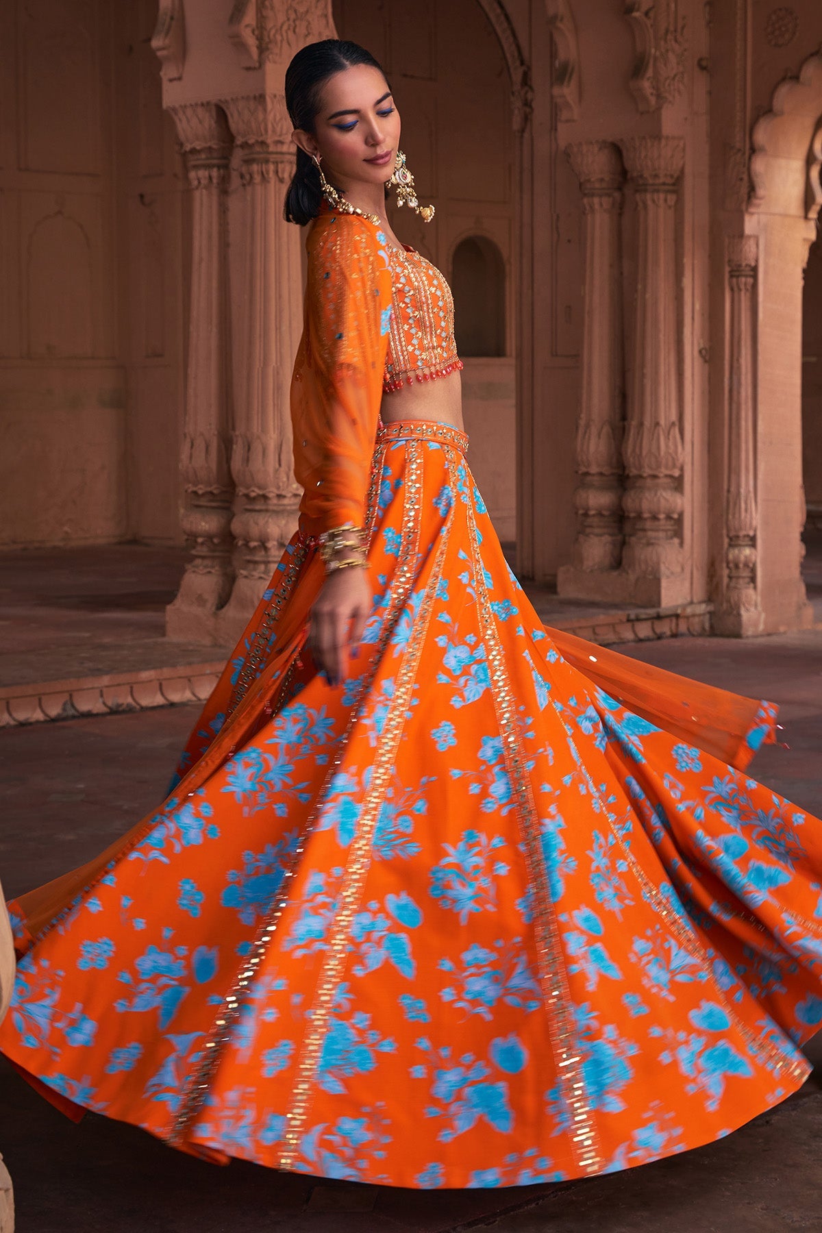 TANGERINE FLORAL PRINT & HIGHLIGHTED LEHENGA SET