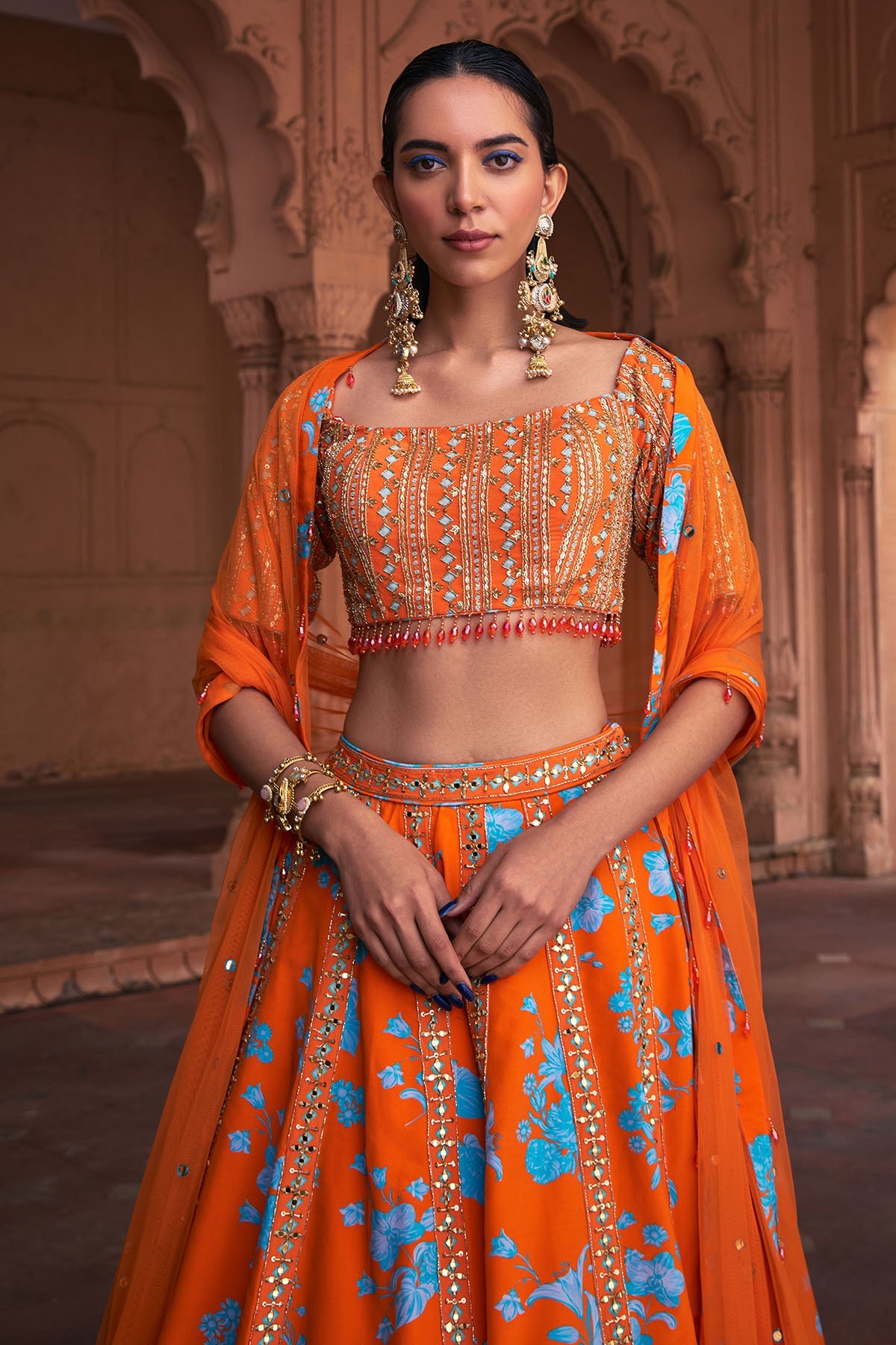 TANGERINE FLORAL PRINT & HIGHLIGHTED LEHENGA SET