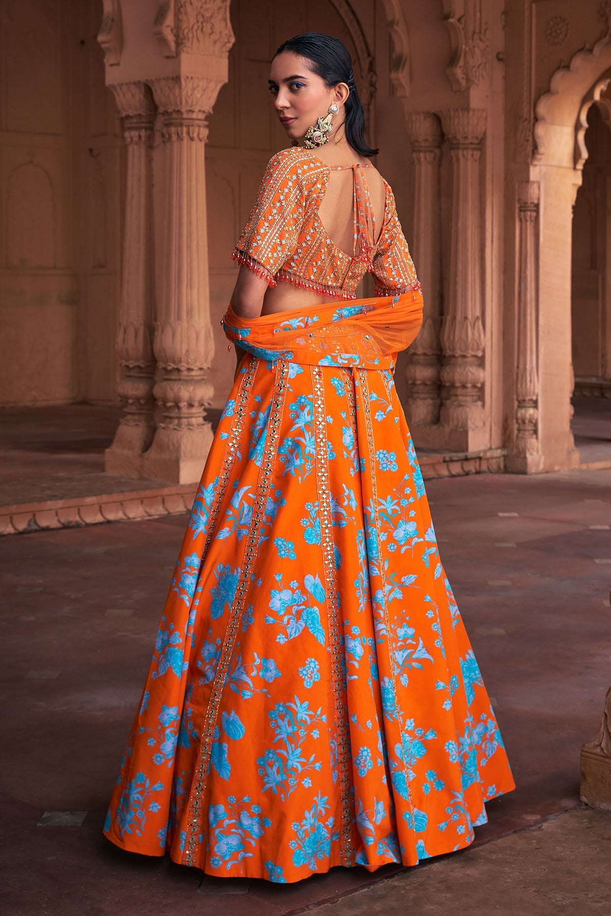 TANGERINE FLORAL PRINT & HIGHLIGHTED LEHENGA SET
