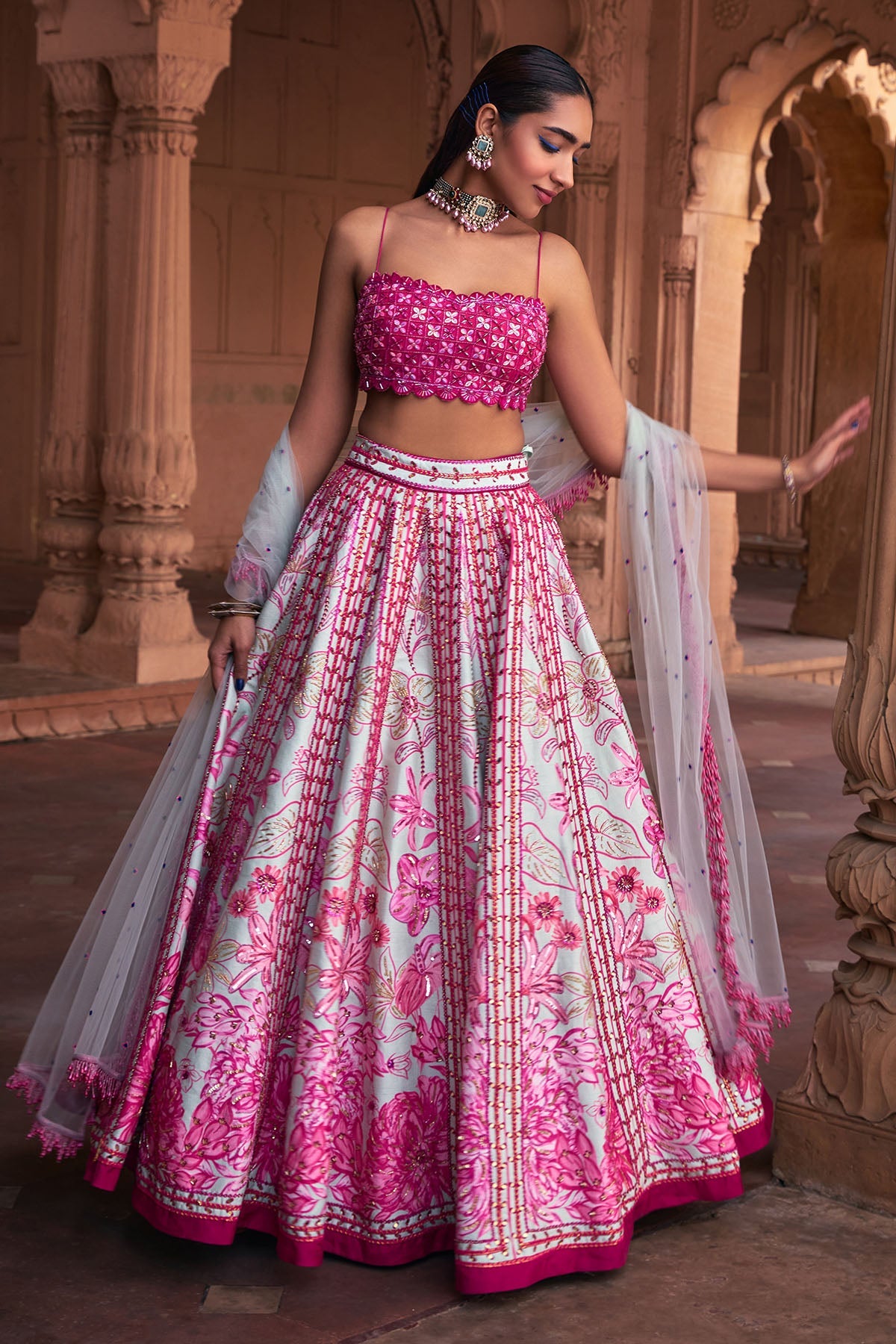 FUSCHIA FLORAL FRAME PRINT & EMBROIDERED LEHENGA SET