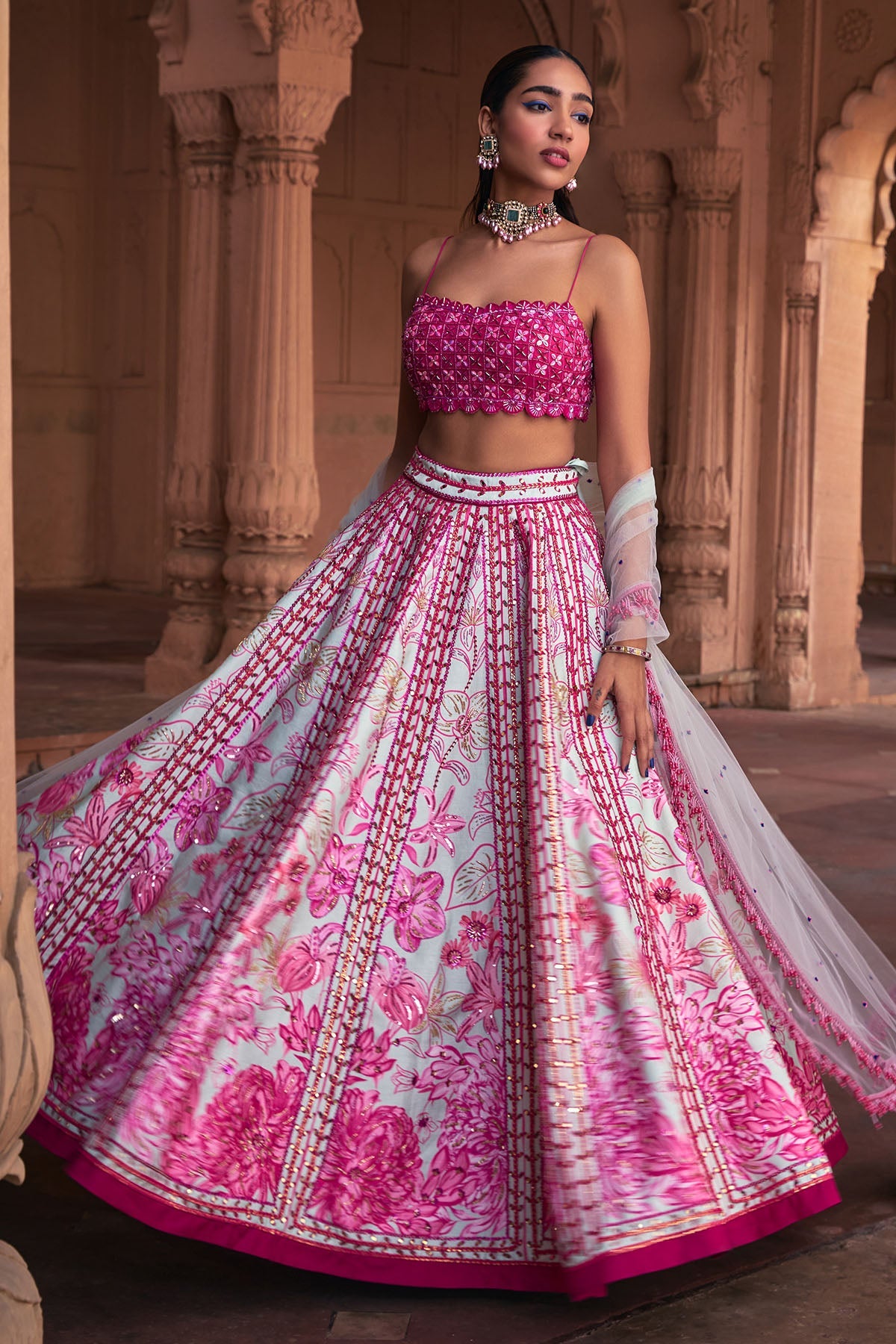 FUSCHIA FLORAL FRAME PRINT & EMBROIDERED LEHENGA SET