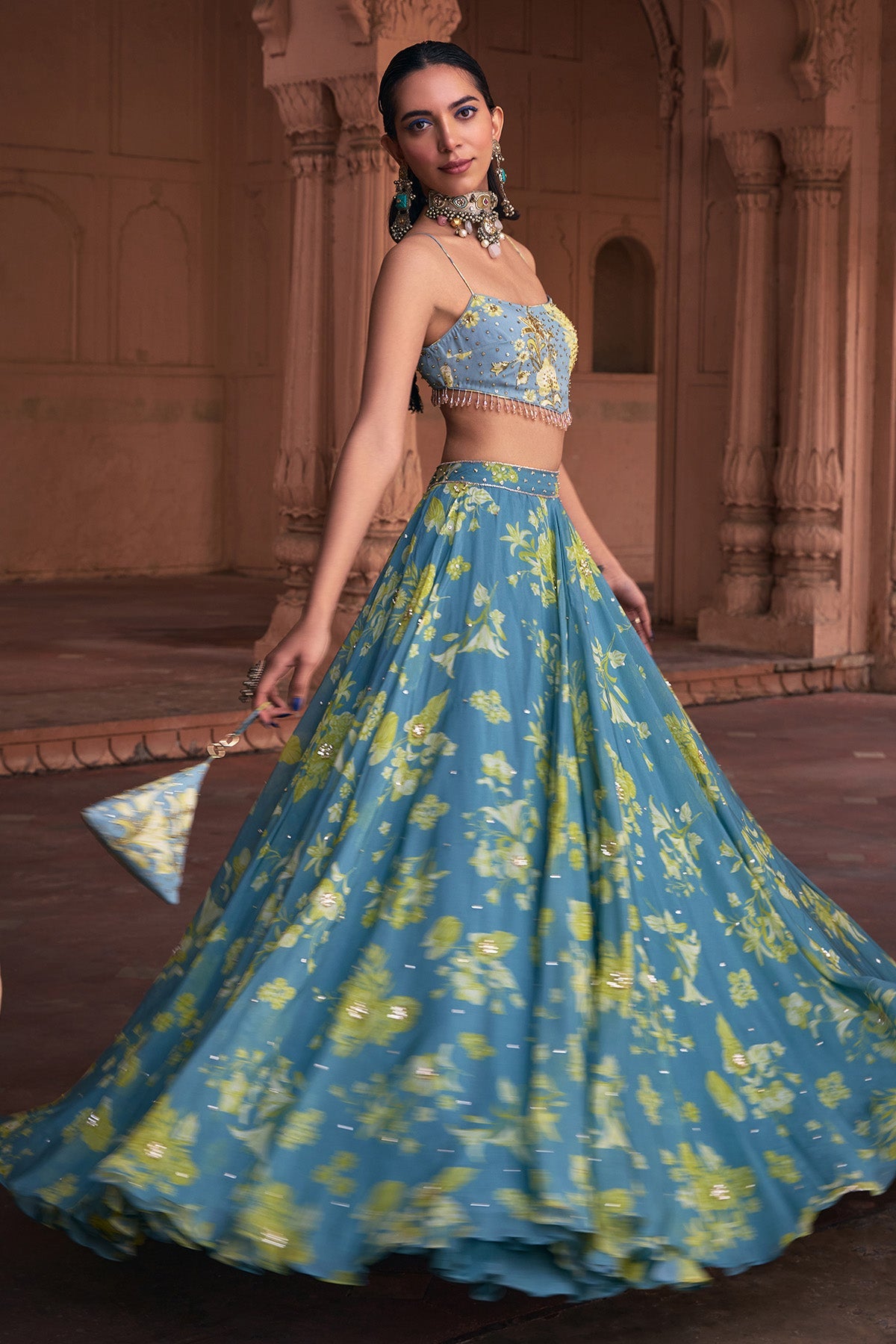 ICE BLUE FLORAL PRINT & HIGHLIGHTED LEHENGA SET