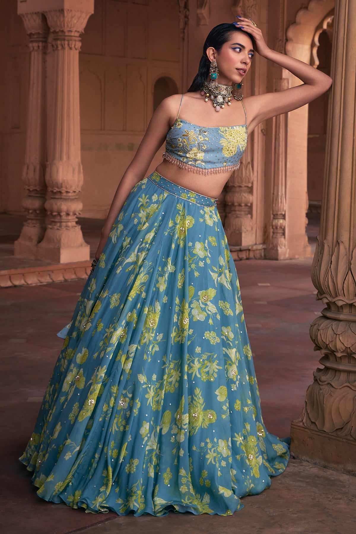 ICE BLUE FLORAL PRINT & HIGHLIGHTED LEHENGA SET