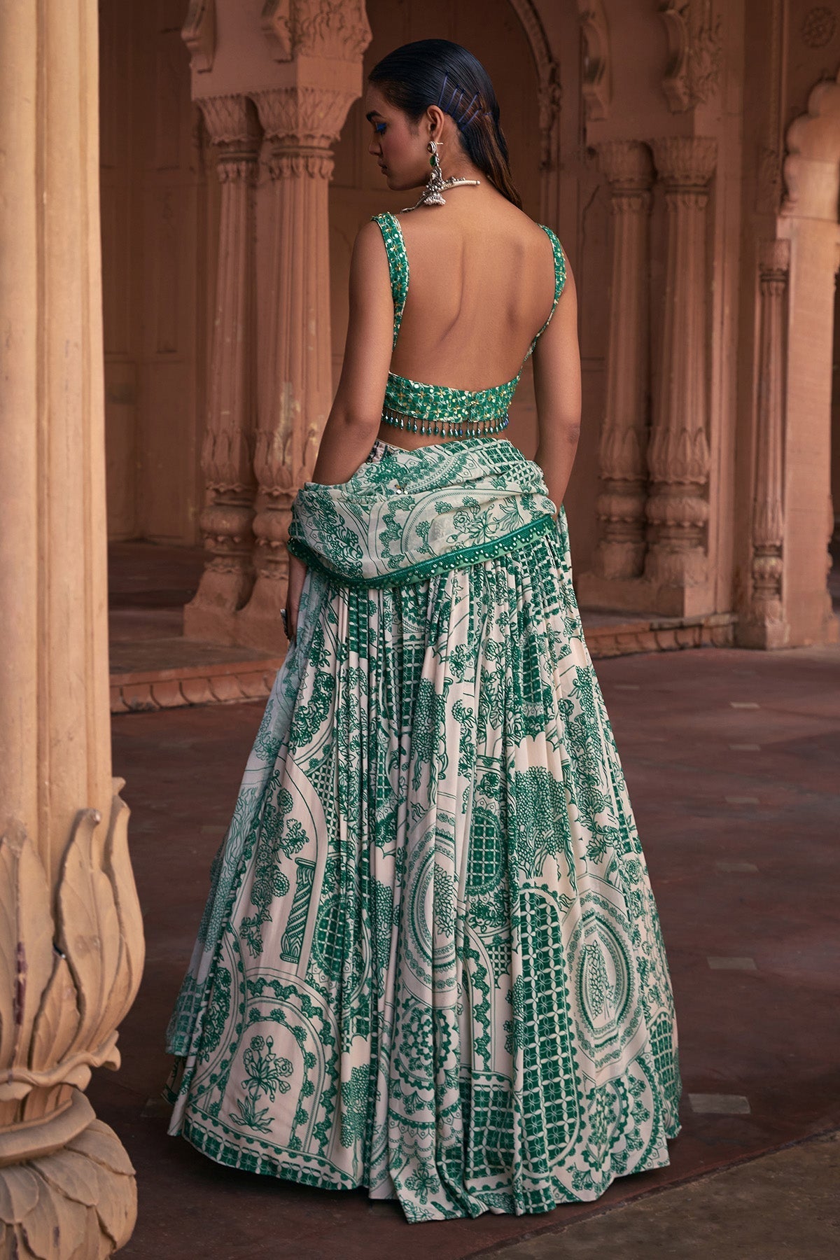 DARK GREEN THIKRI PRINT & HIGHLIGHTED LEHENGA SET - Ready To Ship