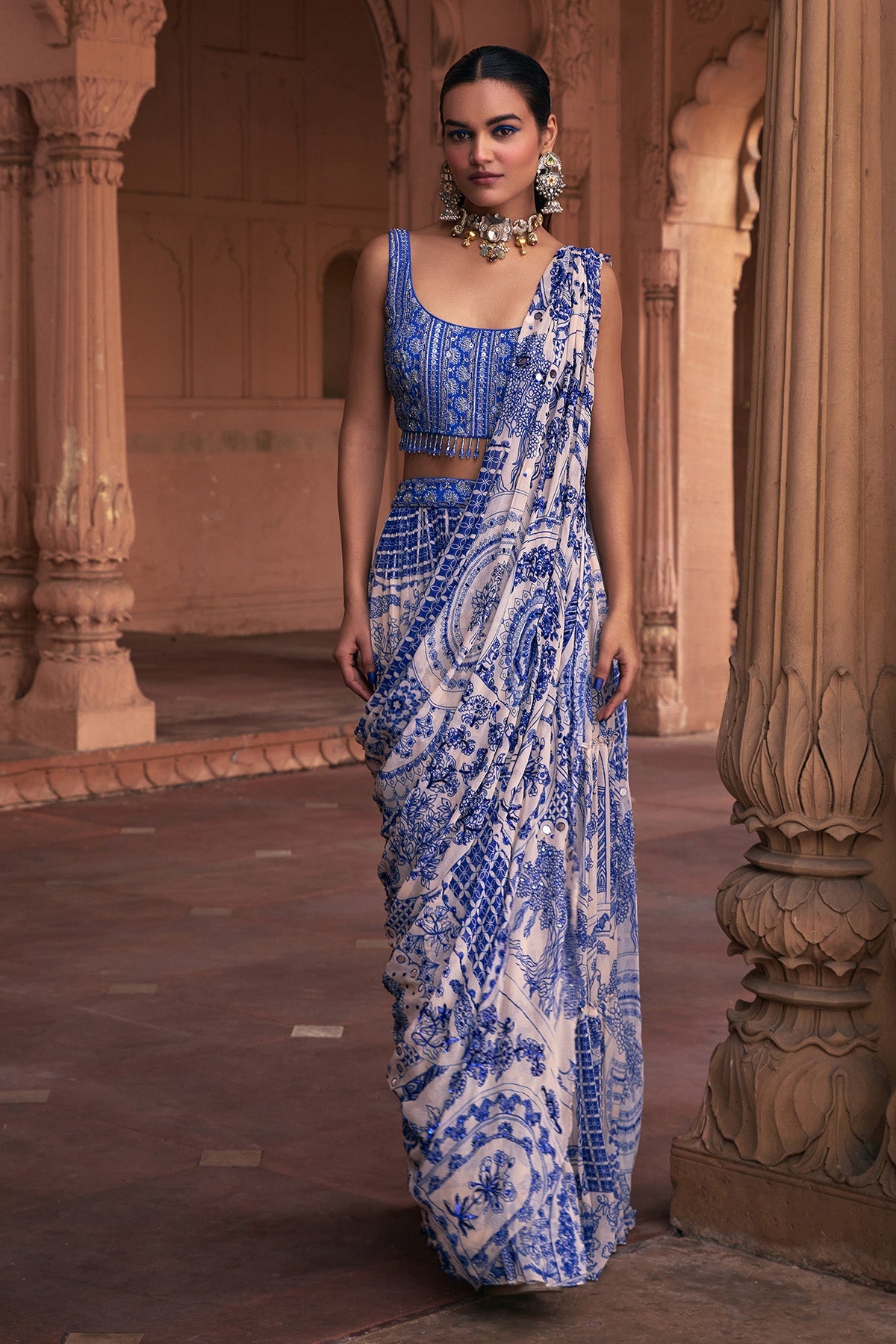 BLUE THIKRI PRINT & HIGHLIGHTED SAREE SET