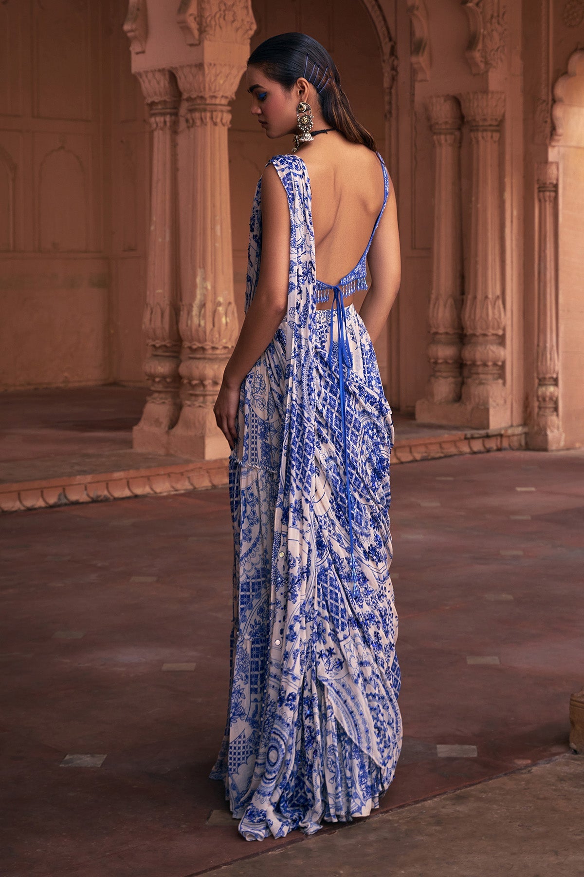 BLUE THIKRI PRINT & HIGHLIGHTED SAREE SET - Ready To Ship
