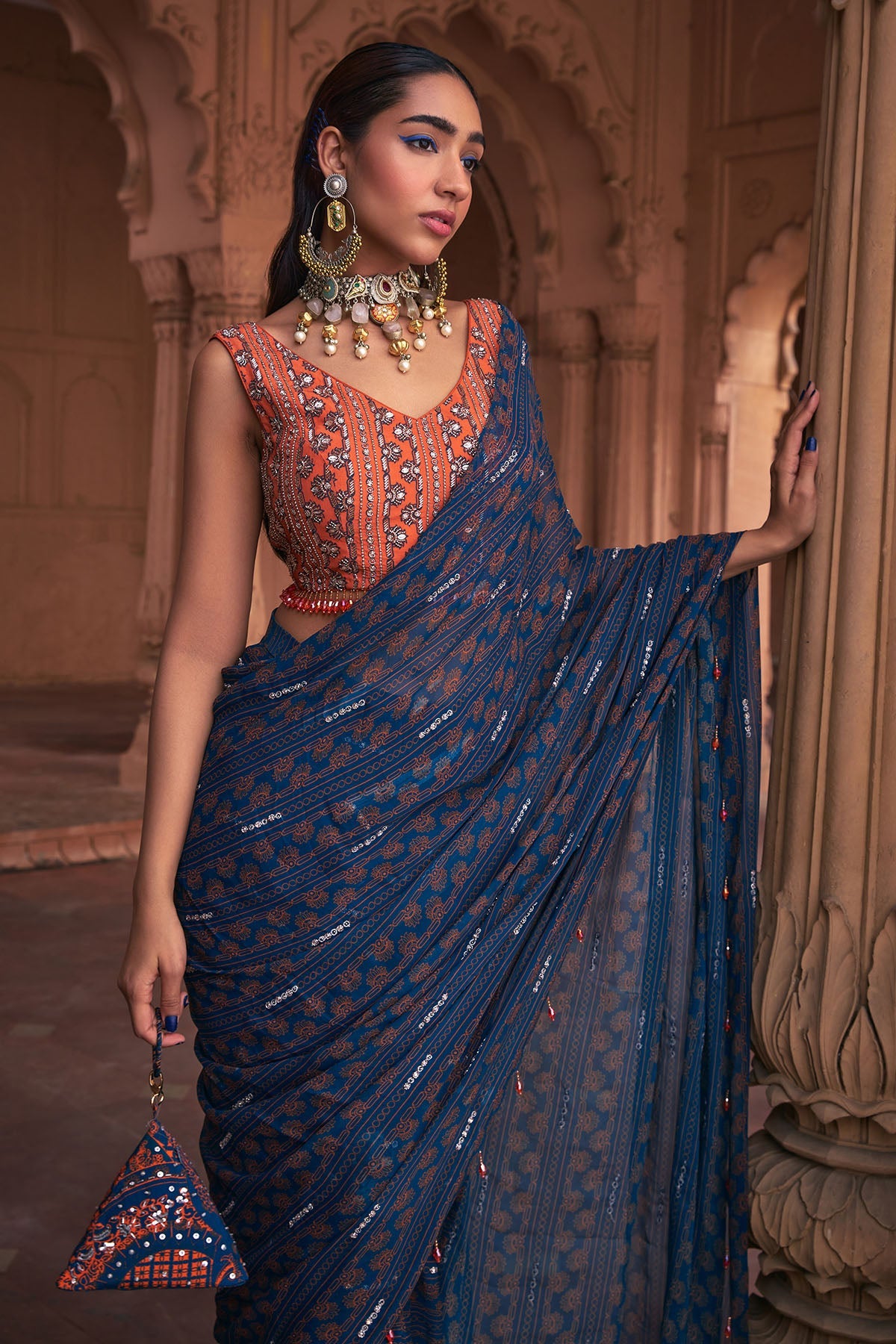 TEAL STRIPE PRINT & HIGHLIGHTED SAREE SET