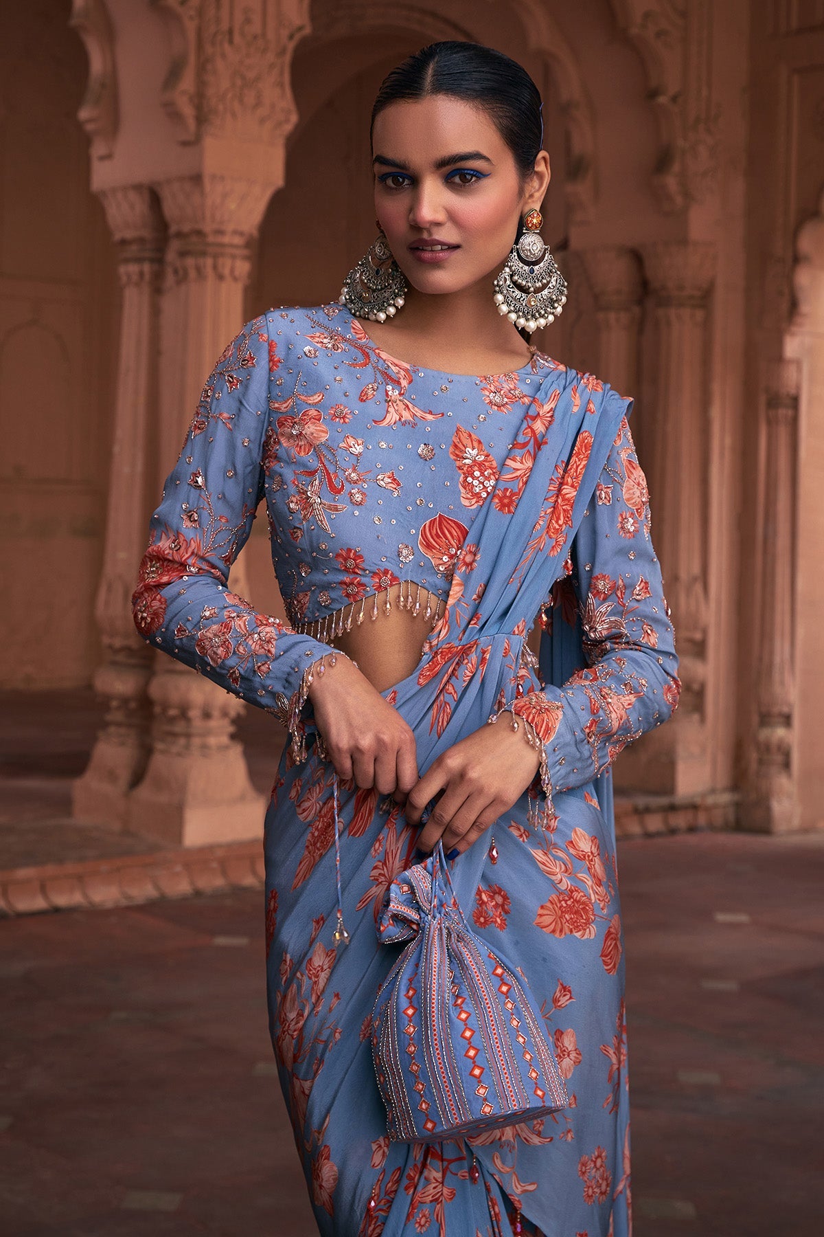 SLATE BLUE FLORAL PRINT & HIGHLIGHTED SAREE SET