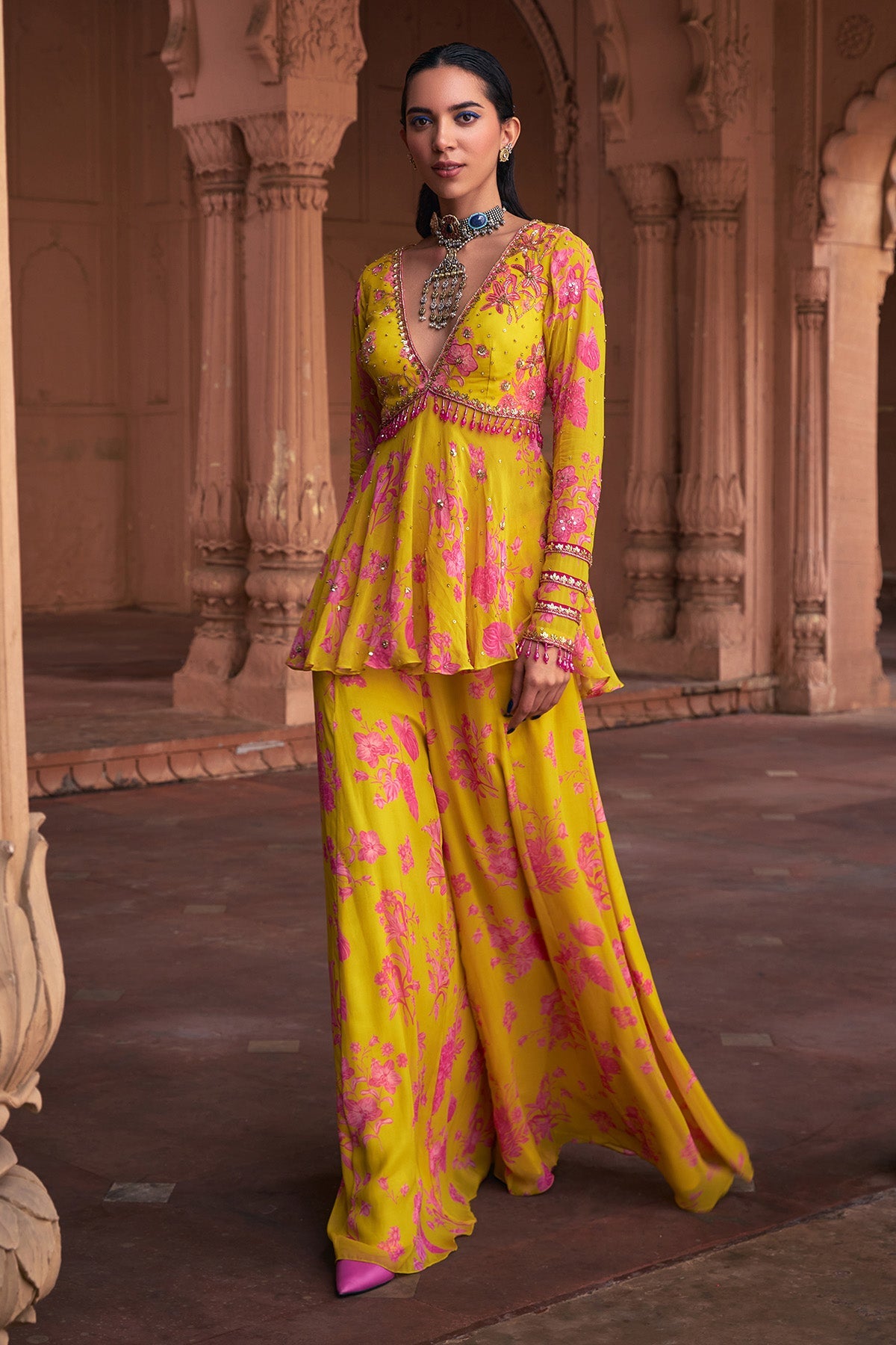 MANGO YELLOW FLORAL PRINT & HIGHLIGHTED PEPLUM SET